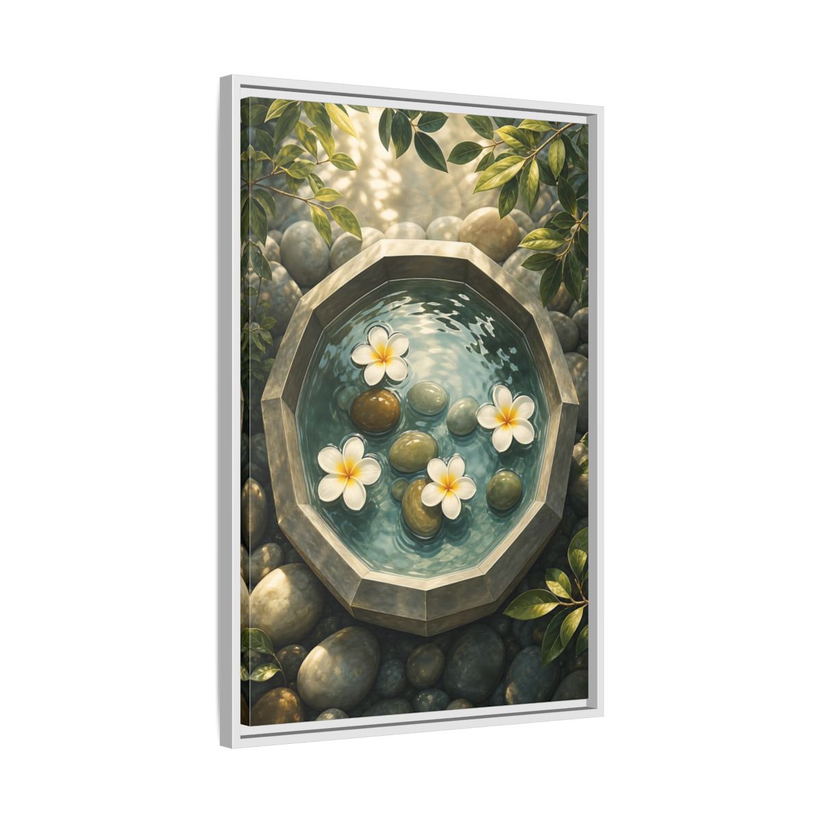 Side Mockup 10. Nature Plumeria Flowers Zen Plumeria shown as stretched canvas wall art