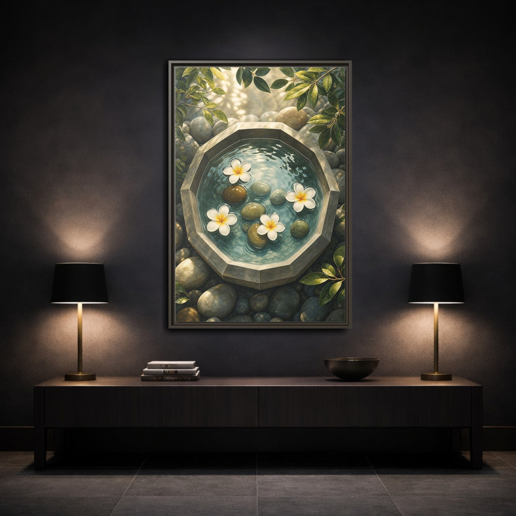 Mockup 3. Nature Plumeria Flowers Zen Plumeria shown as stretched canvas wall art