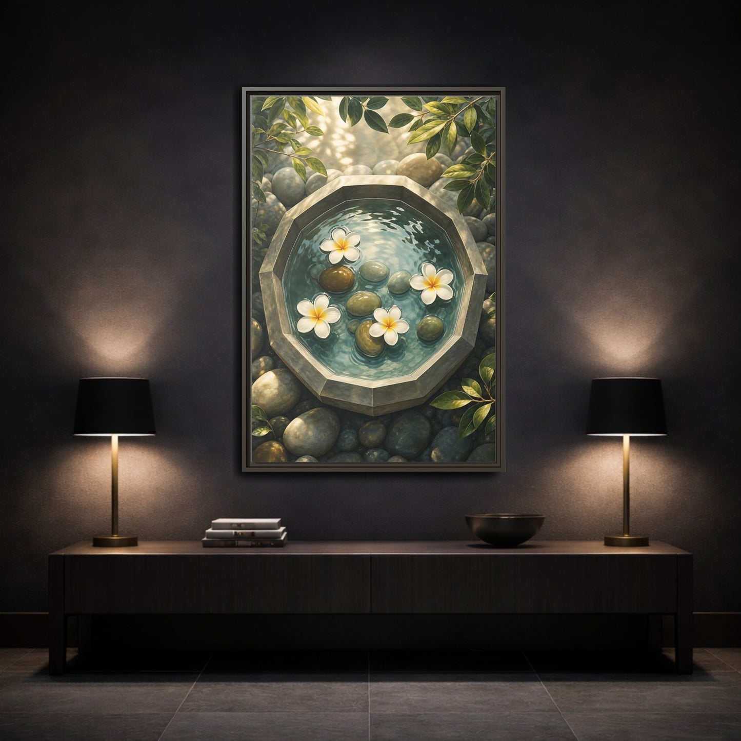 Mockup 3. Nature Plumeria Flowers Zen Plumeria shown as stretched canvas wall art