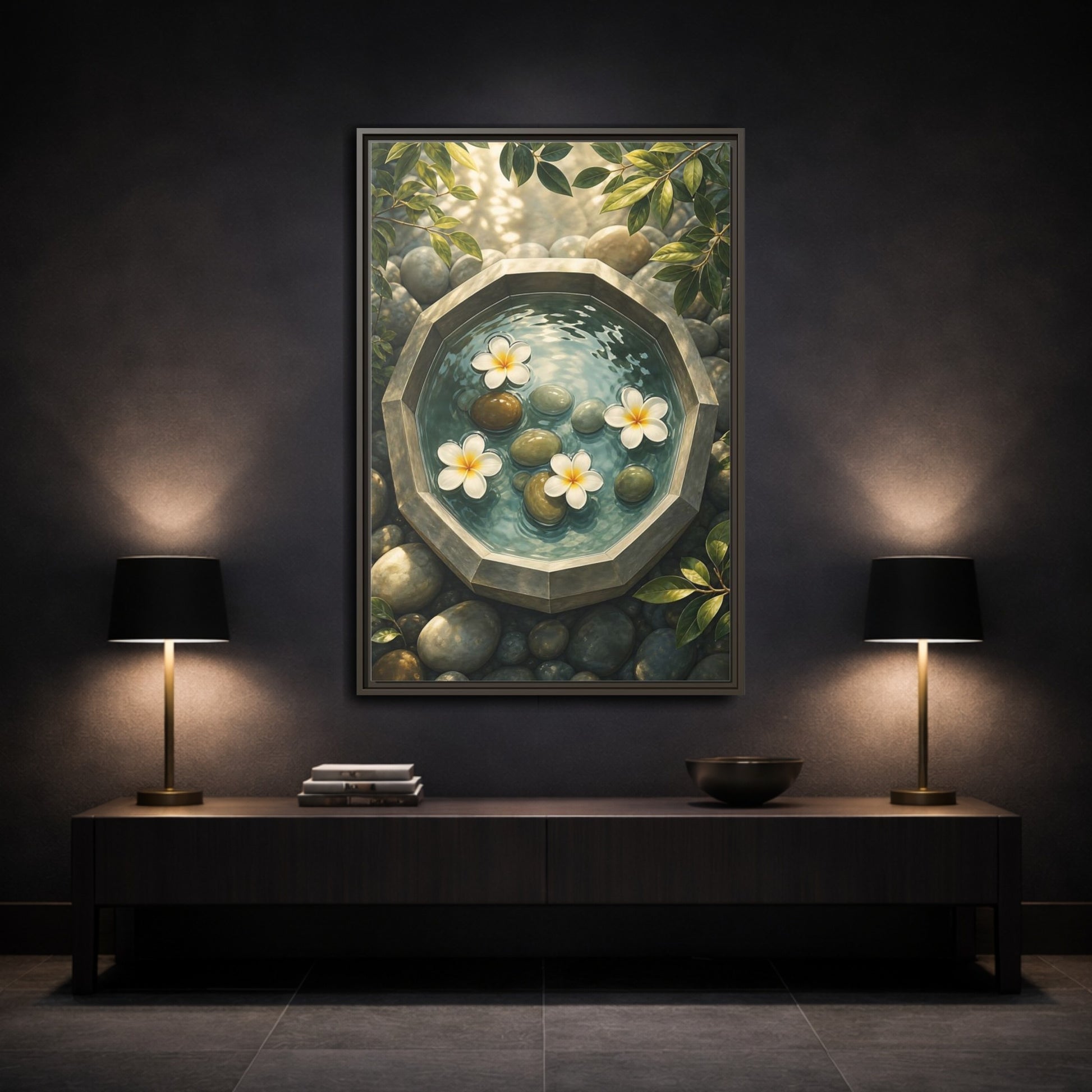 Mockup 3. Nature Plumeria Flowers Zen Plumeria shown as stretched canvas wall art