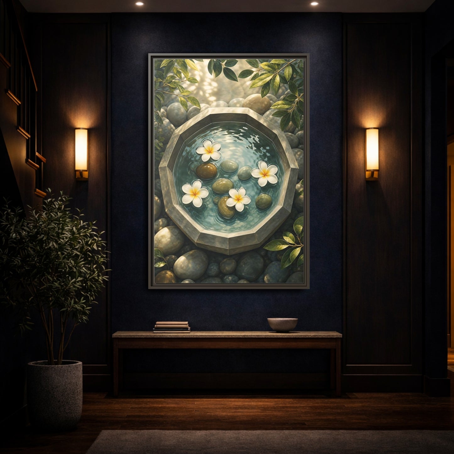 Mockup 4. Nature Plumeria Flowers Zen Plumeria shown as stretched canvas wall art