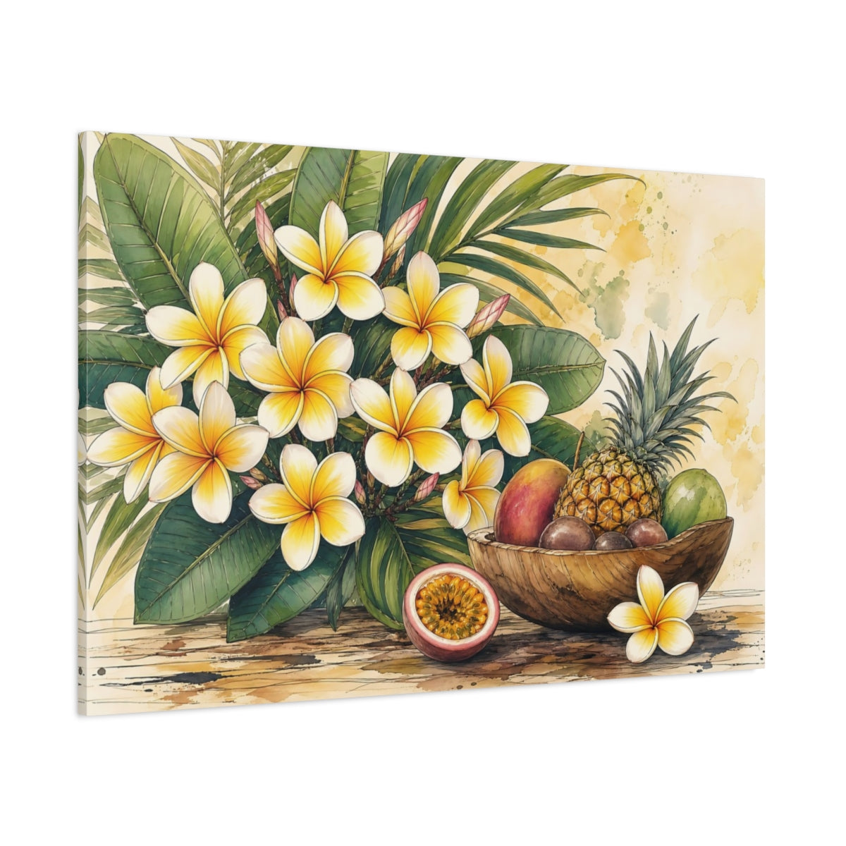 Side Mockup 1. Nature Plumeria, Fruits Yellow And Green Tropical shown as stretched canvas wall art