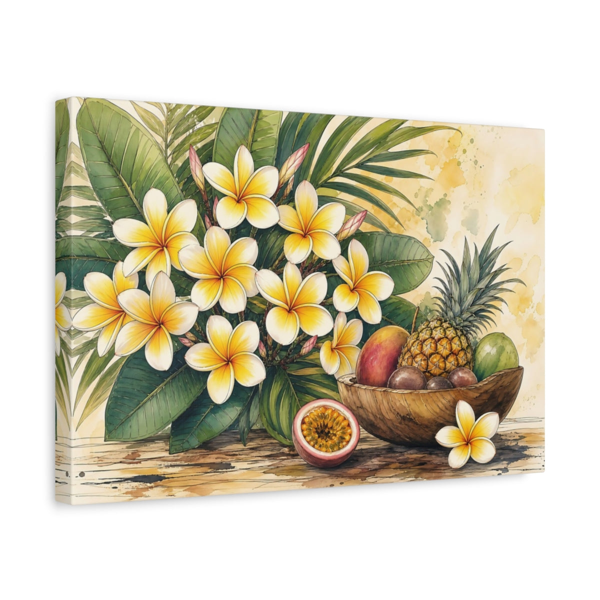 Side Mockup 4. Nature Plumeria, Fruits Yellow And Green Tropical shown as stretched canvas wall art