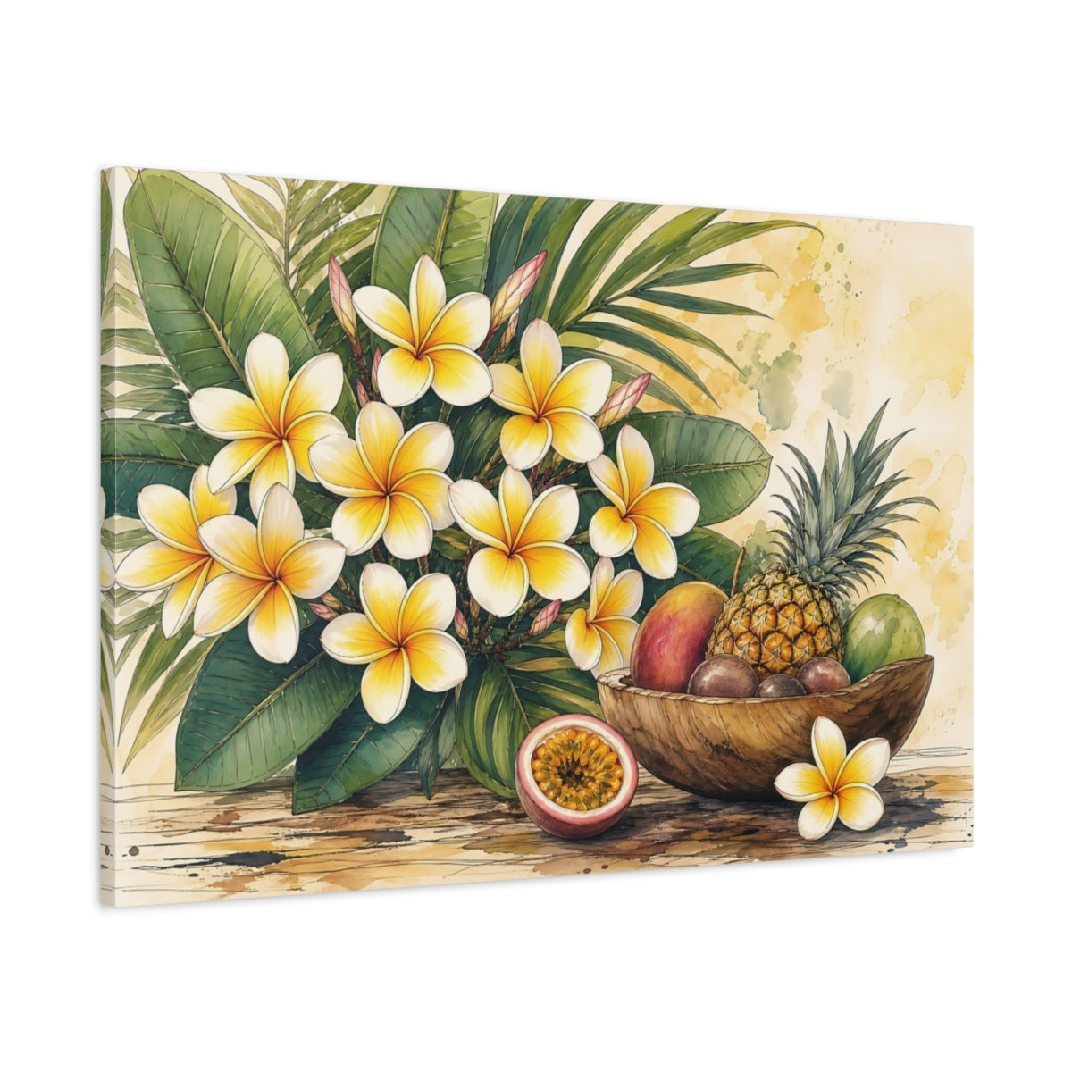 Main Mockup. Nature Plumeria, Fruits Yellow And Green Tropical shown as stretched canvas wall art