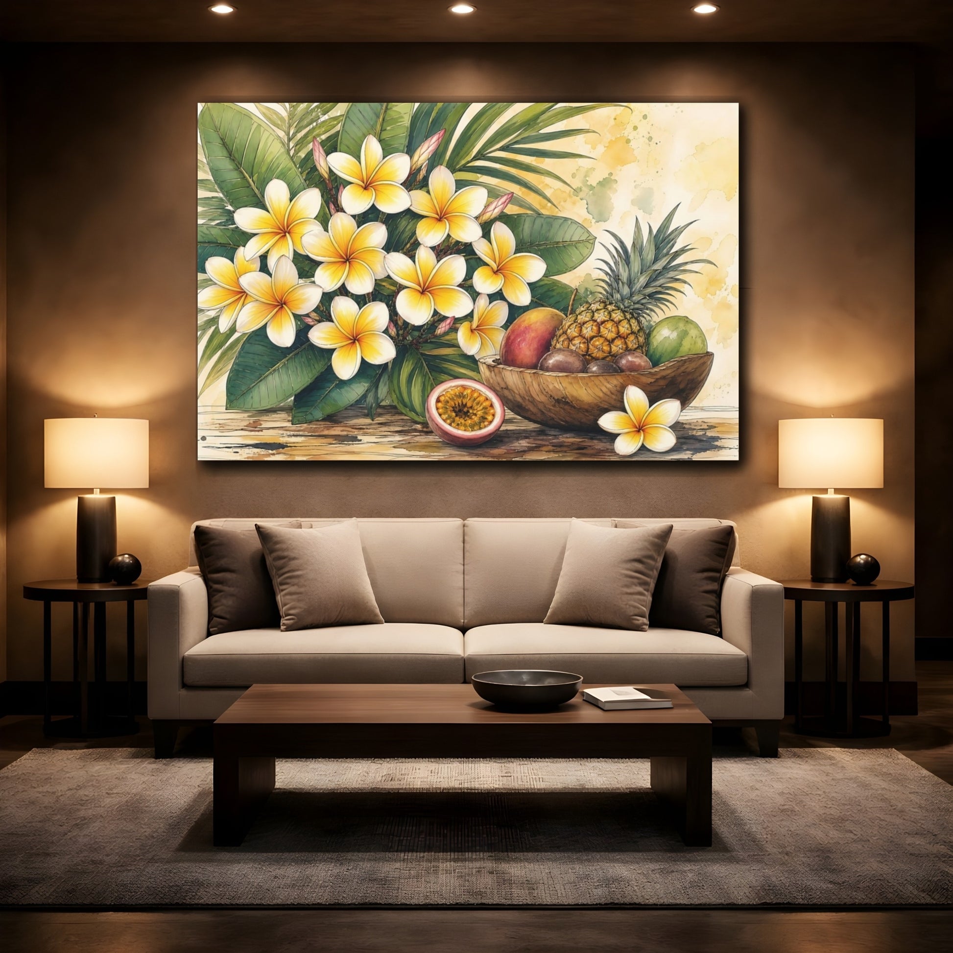 Mockup 2. Nature Plumeria, Fruits Yellow And Green Tropical shown as stretched canvas wall art