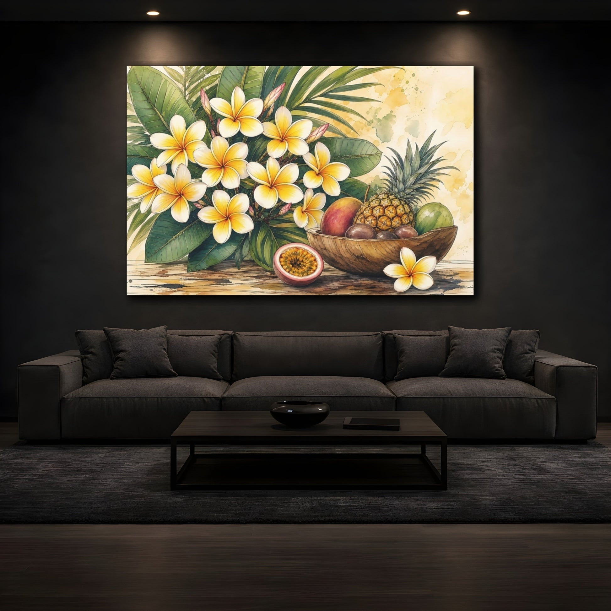 Mockup 3. Nature Plumeria, Fruits Yellow And Green Tropical shown as stretched canvas wall art