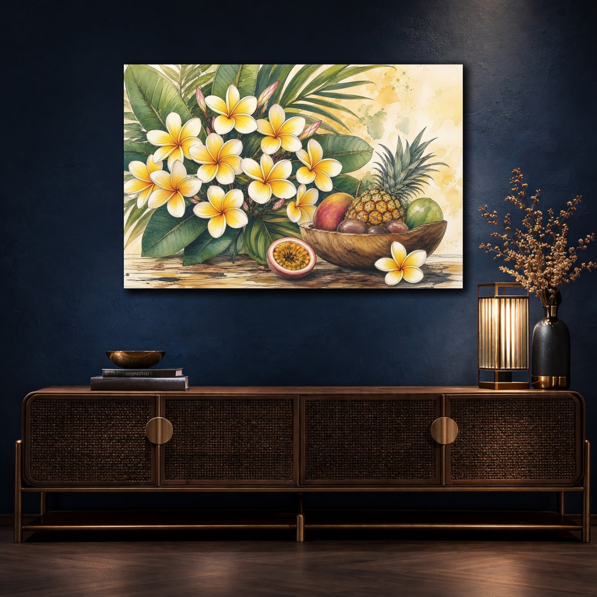 Mockup 4. Nature Plumeria, Fruits Yellow And Green Tropical shown as stretched canvas wall art