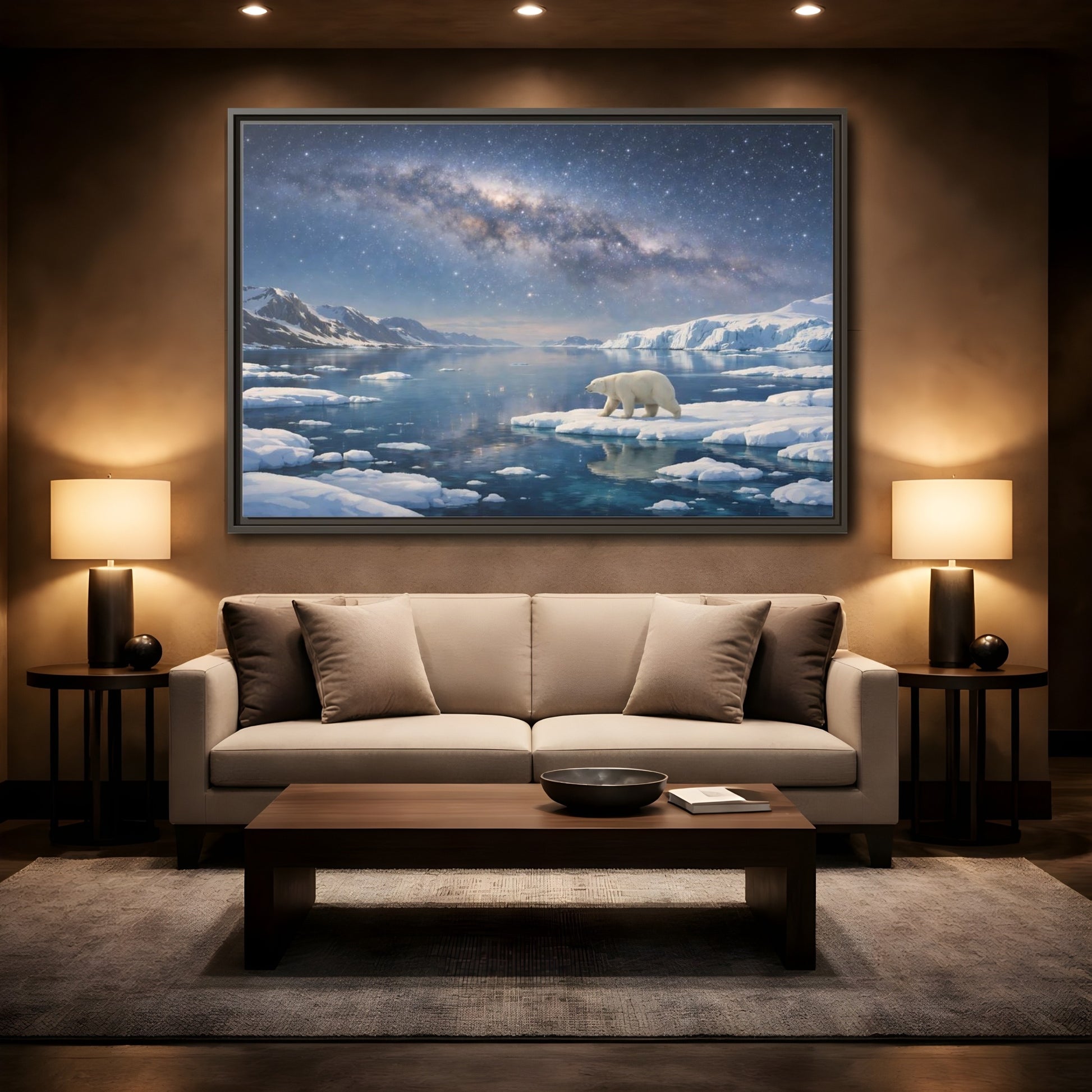 Mockup 2. Nature Polar Bear Blue And White Arctic shown as stretched canvas wall art