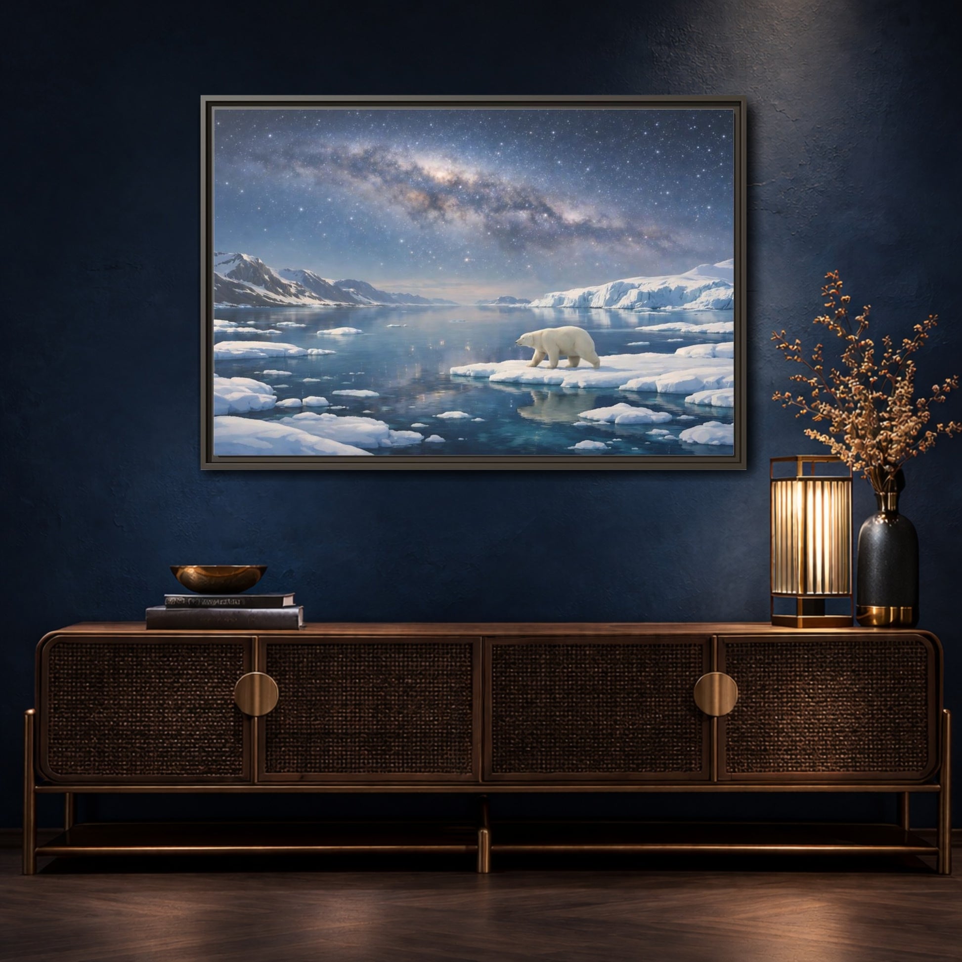 Mockup 4. Nature Polar Bear Blue And White Arctic shown as stretched canvas wall art