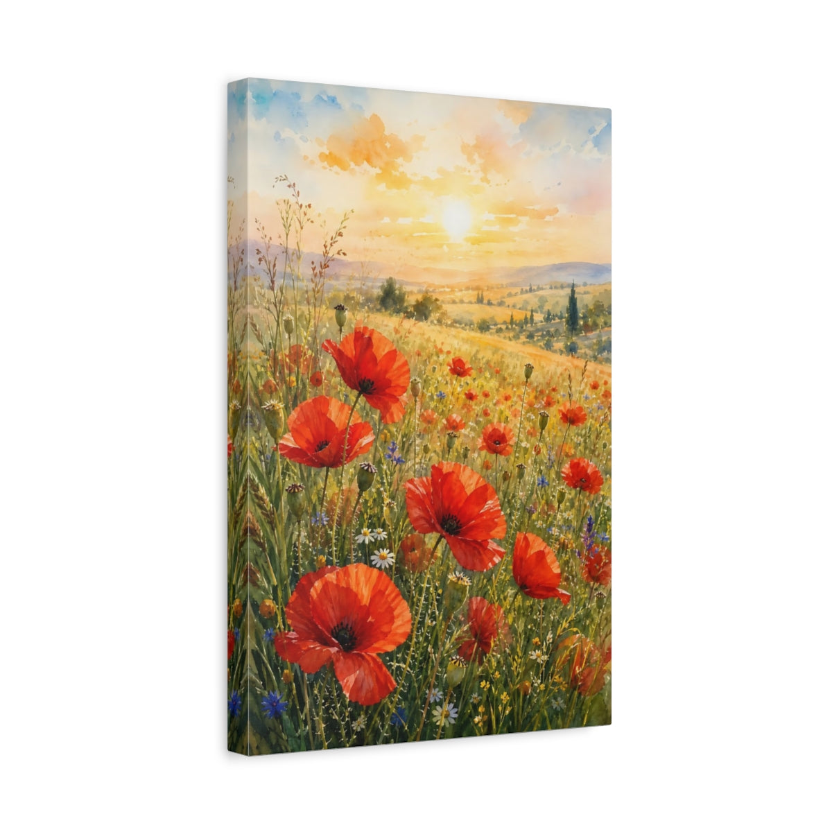 Side Mockup 4. Nature Poppies Poppy Field Sunset shown as stretched canvas wall art