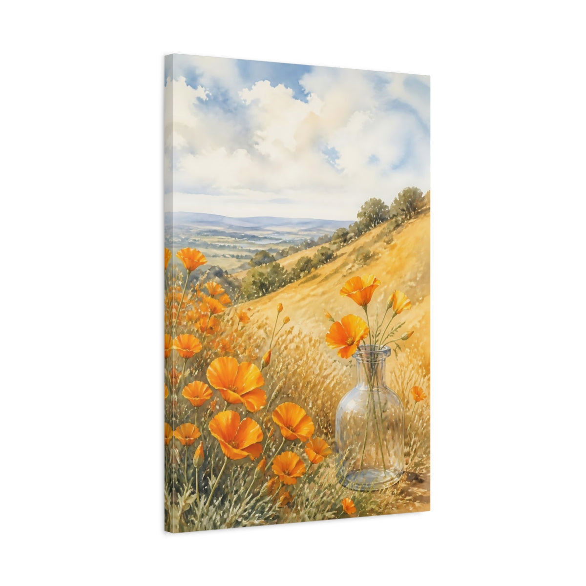 Side Mockup 2. Nature Poppies Orange Poppies Landscape shown as stretched canvas wall art