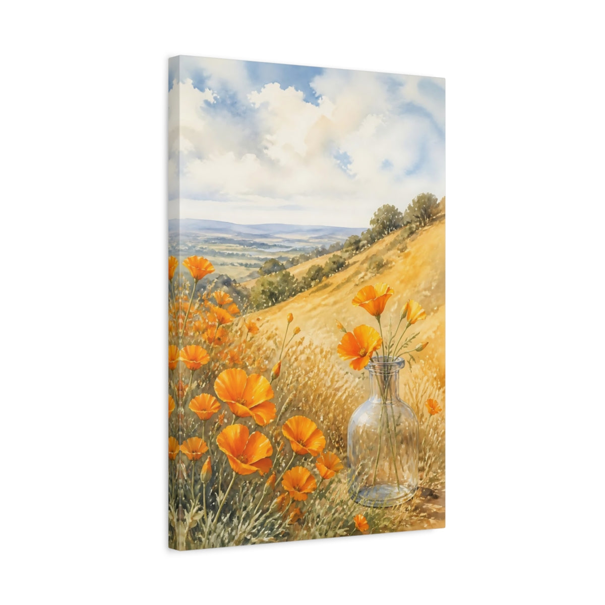 Side Mockup 3. Nature Poppies Orange Poppies Landscape shown as stretched canvas wall art