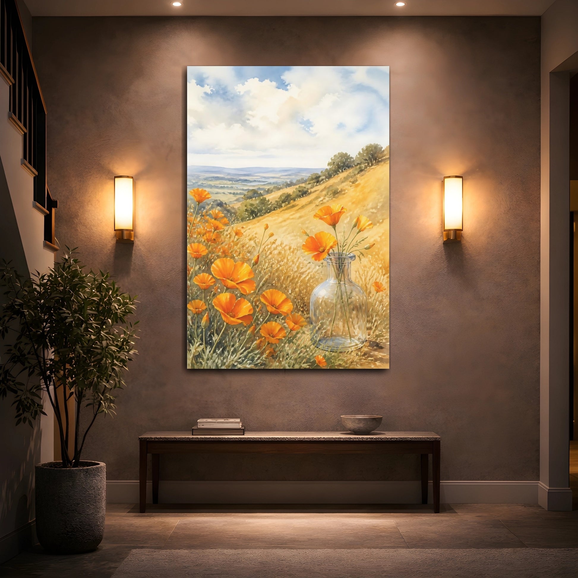 Mockup 2. Nature Poppies Orange Poppies Landscape shown as stretched canvas wall art