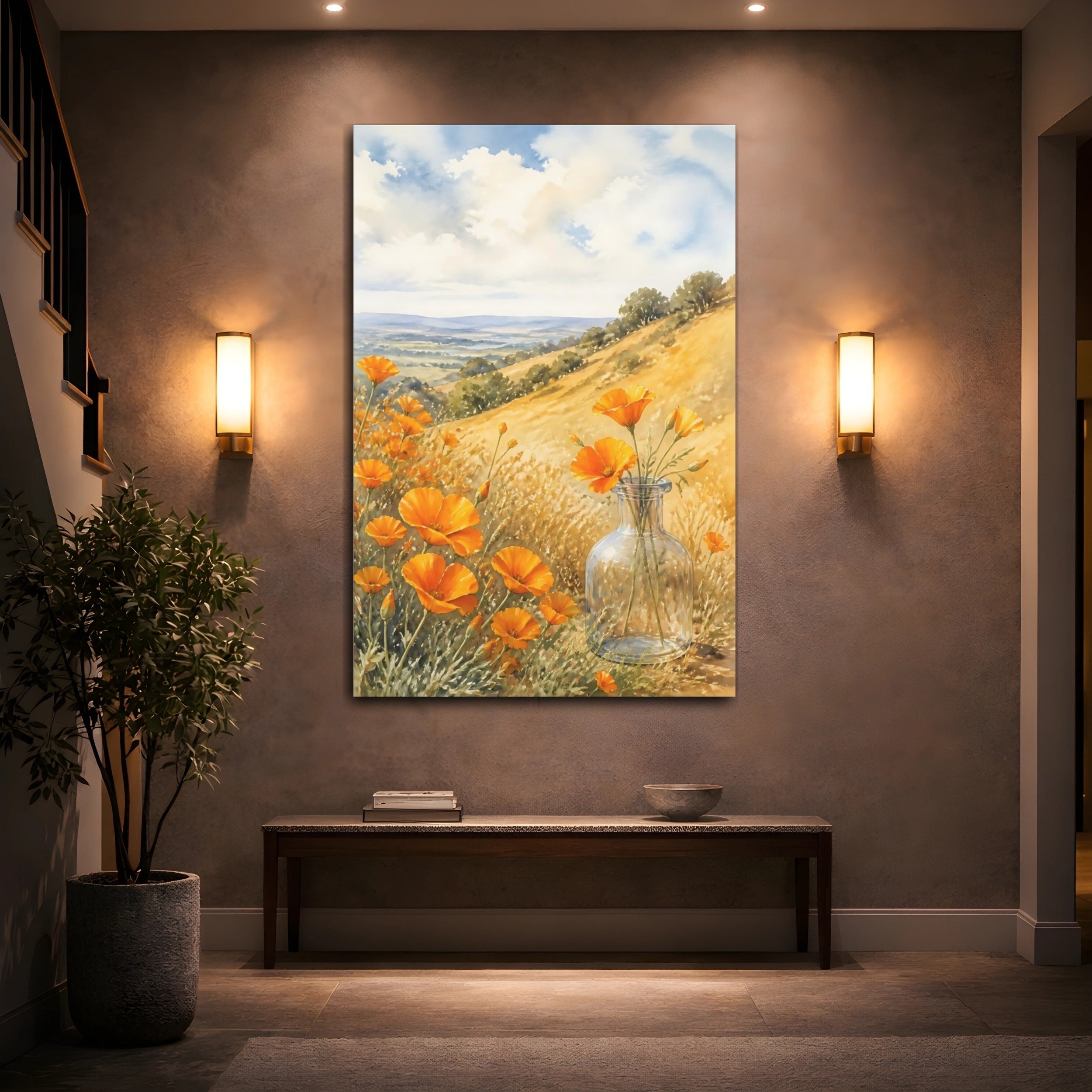 Mockup 2. Nature Poppies Orange Poppies Landscape shown as stretched canvas wall art