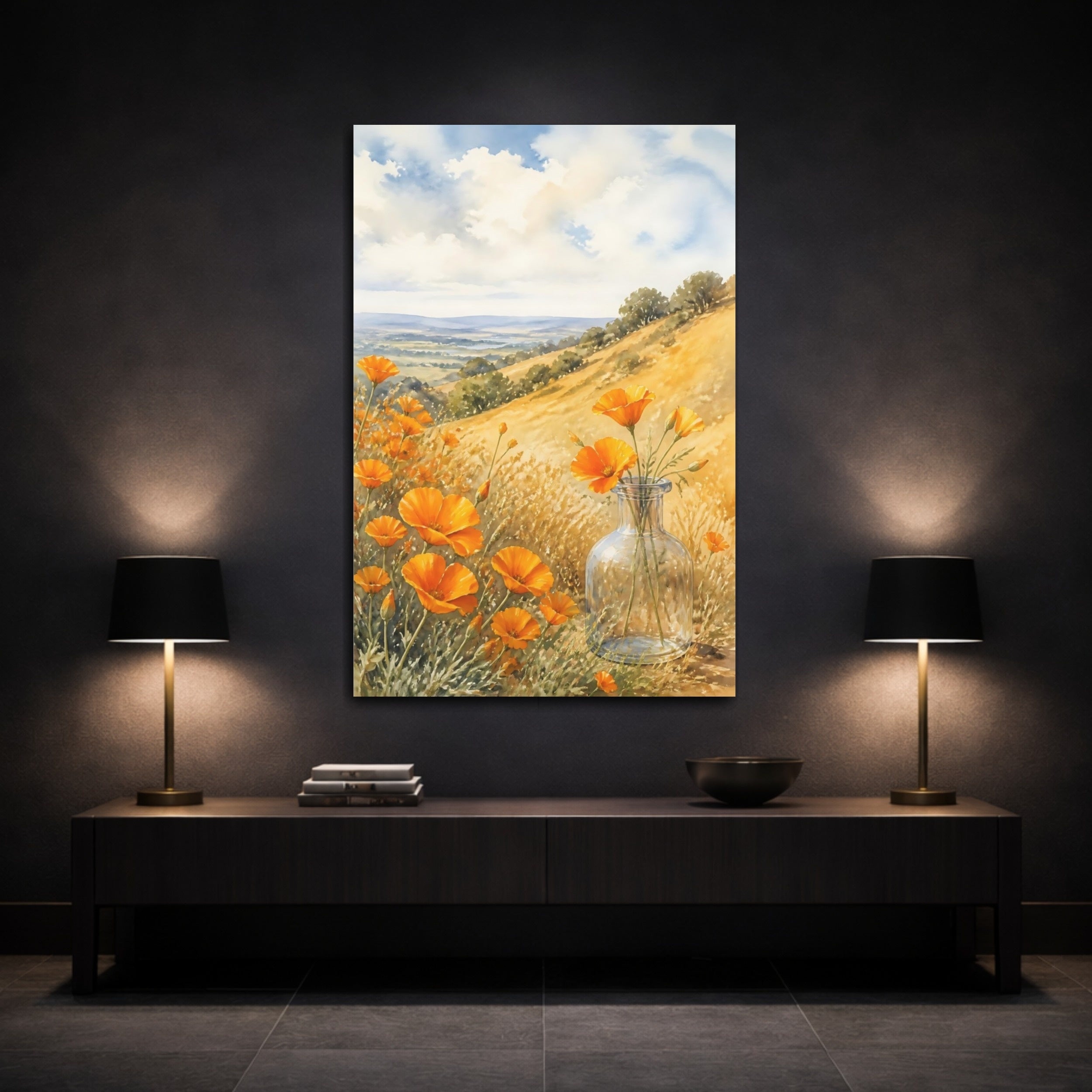 Mockup 3. Nature Poppies Orange Poppies Landscape shown as stretched canvas wall art