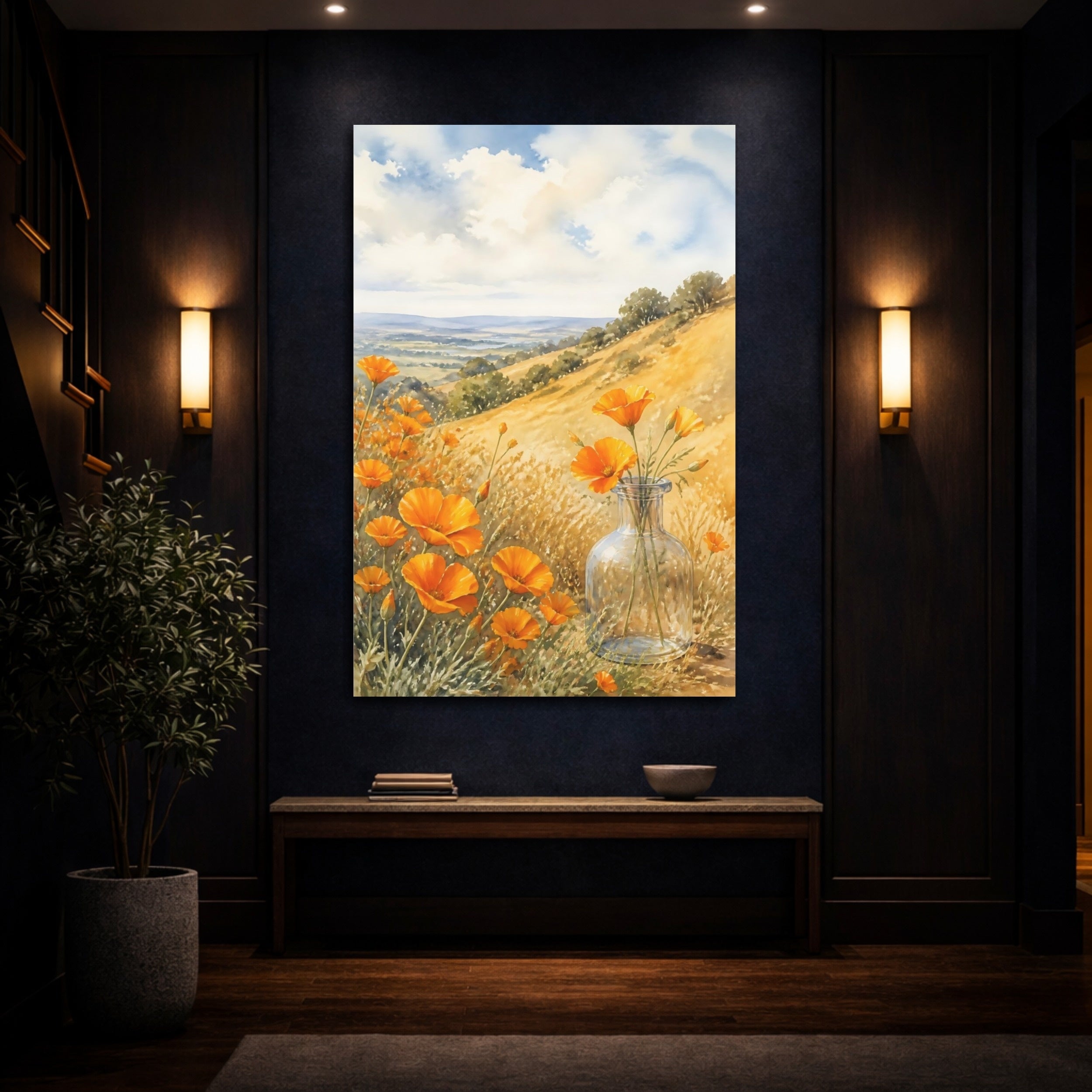 Mockup 4. Nature Poppies Orange Poppies Landscape shown as stretched canvas wall art