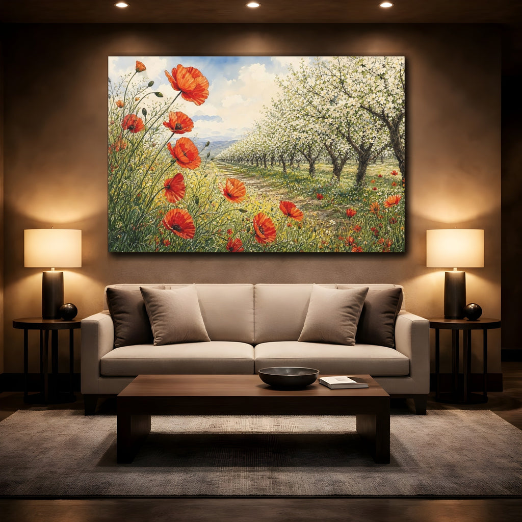 Mockup 2. Nature Poppies Poppy Field Landscape shown as stretched canvas wall art