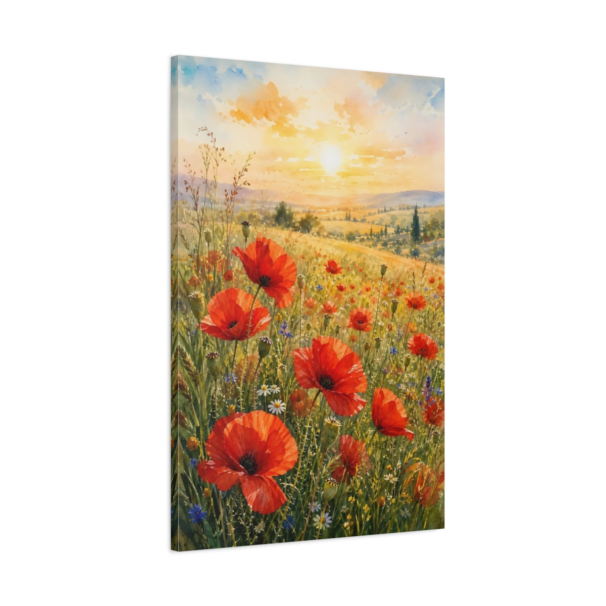 Main Mockup. Nature Poppies Poppy Field Sunset shown as stretched canvas wall art