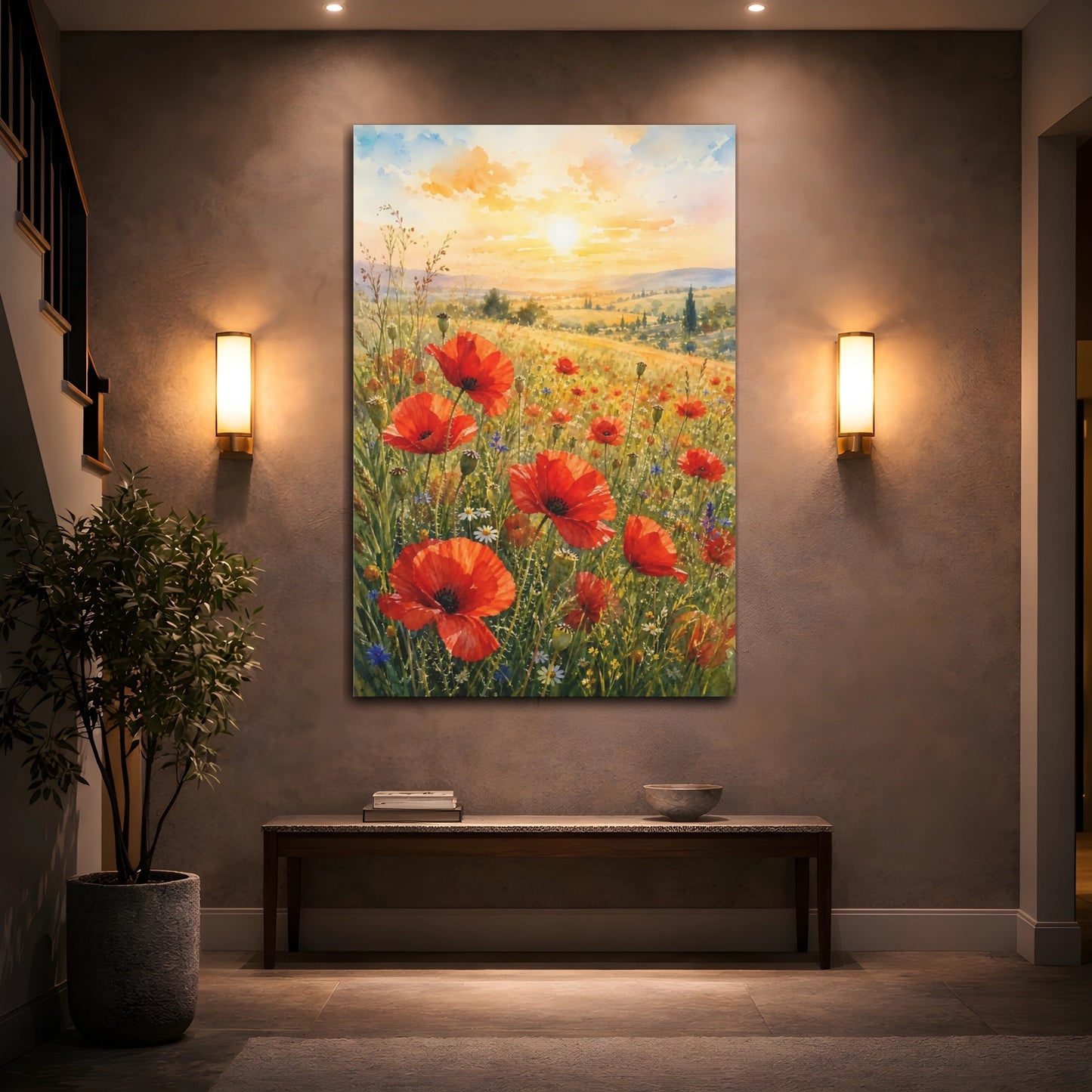 Mockup 2. Nature Poppies Poppy Field Sunset shown as stretched canvas wall art