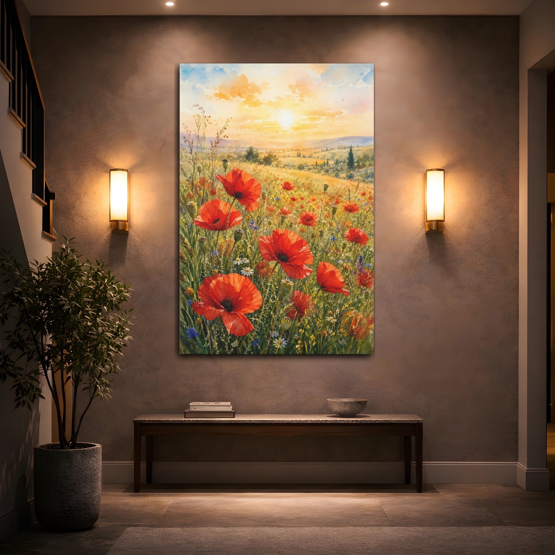 Mockup 2. Nature Poppies Poppy Field Sunset shown as stretched canvas wall art