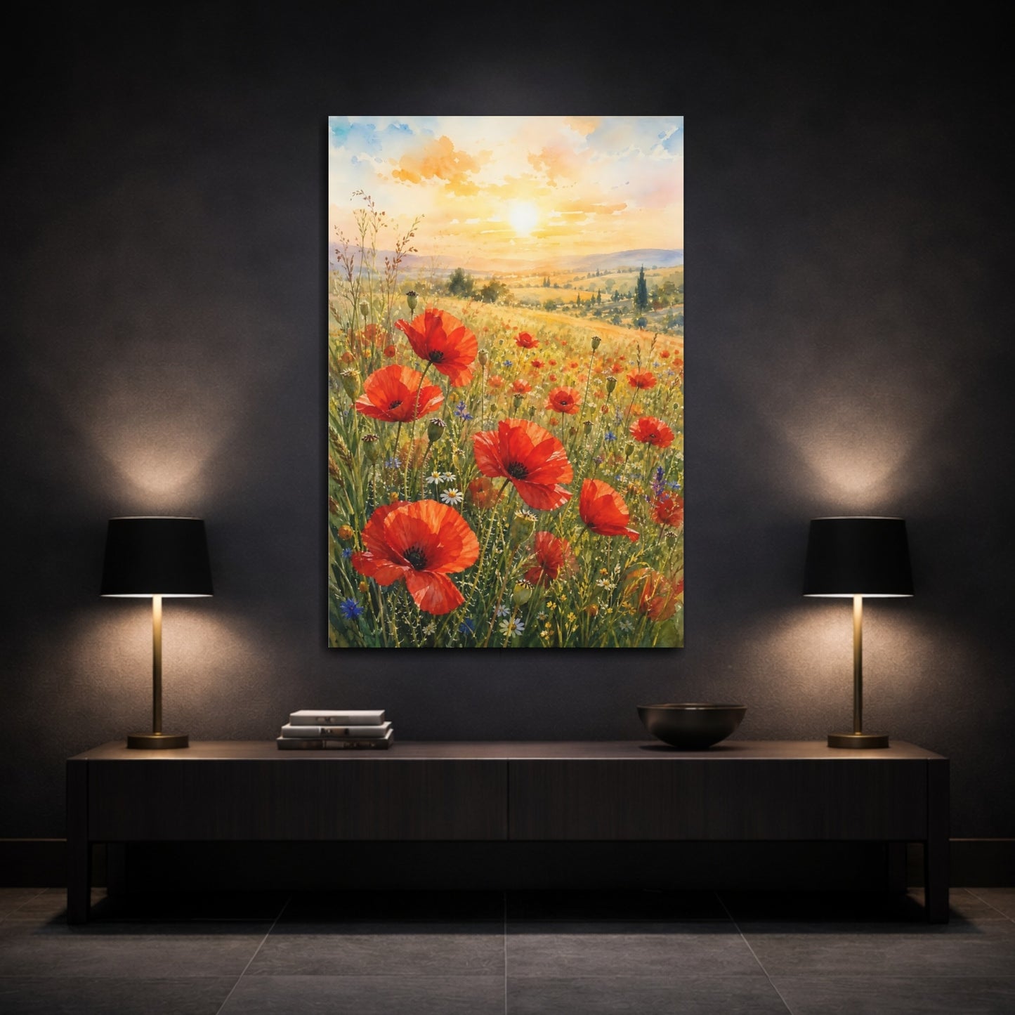 Mockup 3. Nature Poppies Poppy Field Sunset shown as stretched canvas wall art