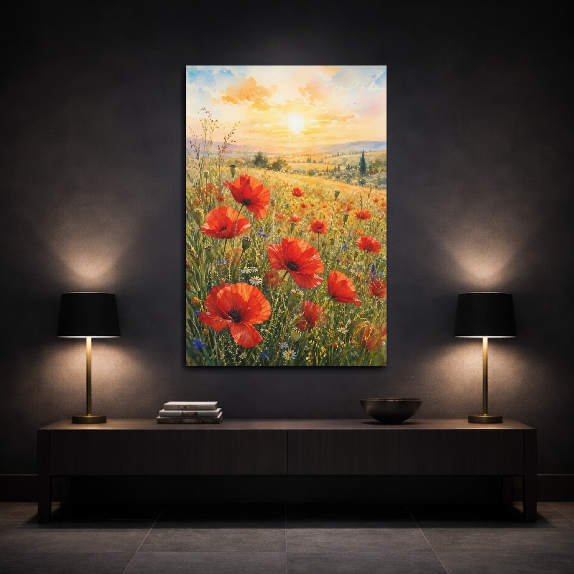 Mockup 3. Nature Poppies Poppy Field Sunset shown as stretched canvas wall art