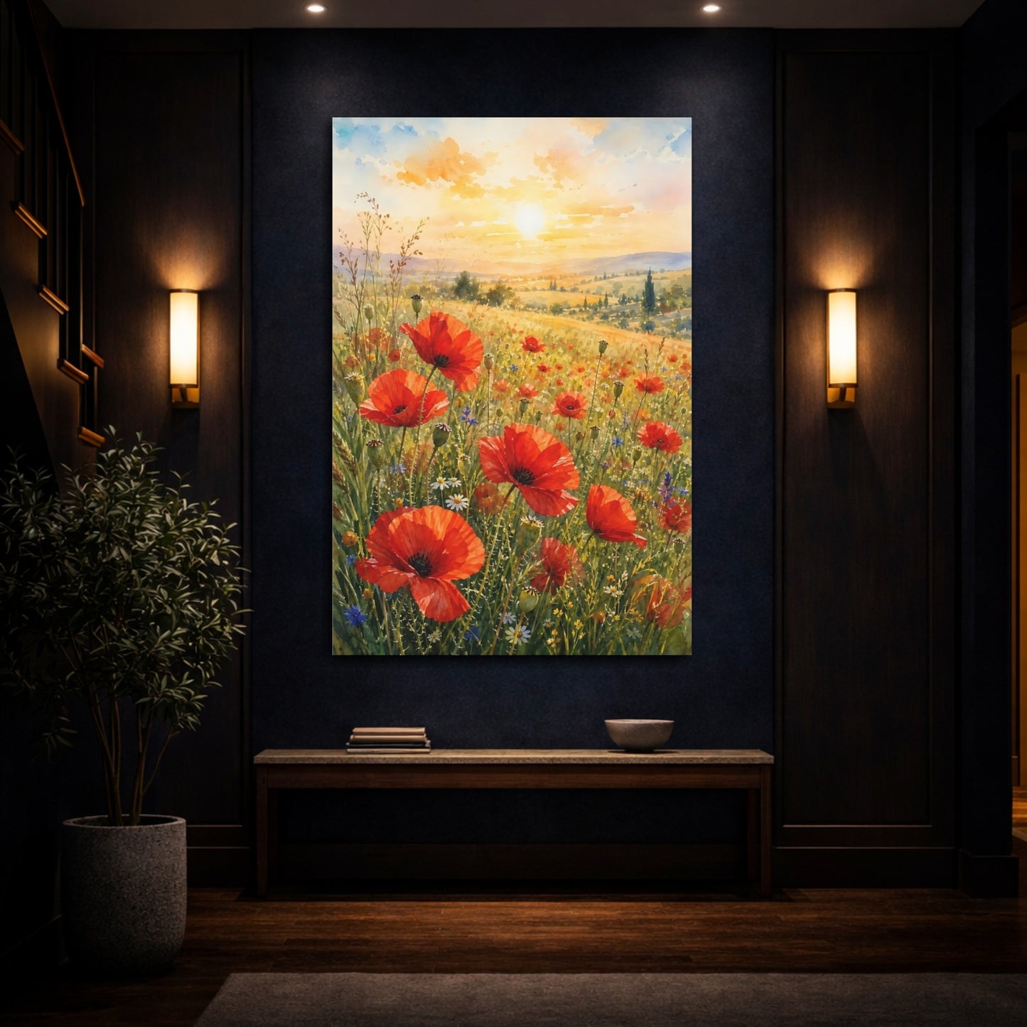 Mockup 4. Nature Poppies Poppy Field Sunset shown as stretched canvas wall art