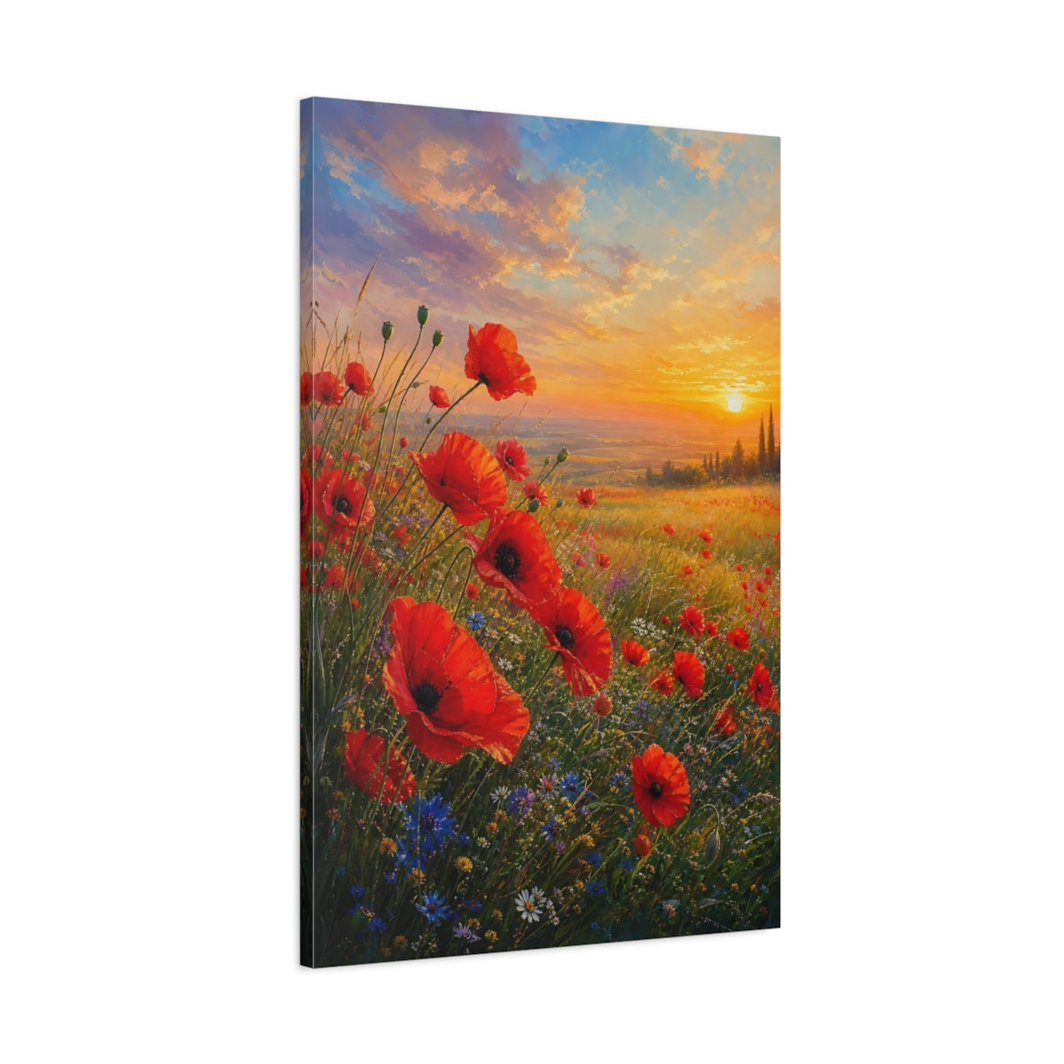 Main Mockup. Nature Poppies Red And Gold Sunset shown as stretched canvas wall art