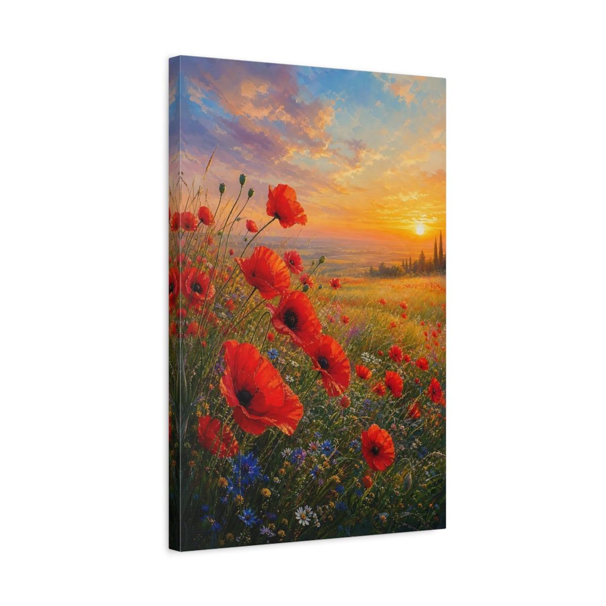 Side Mockup 3. Nature Poppies Red And Gold Sunset shown as stretched canvas wall art
