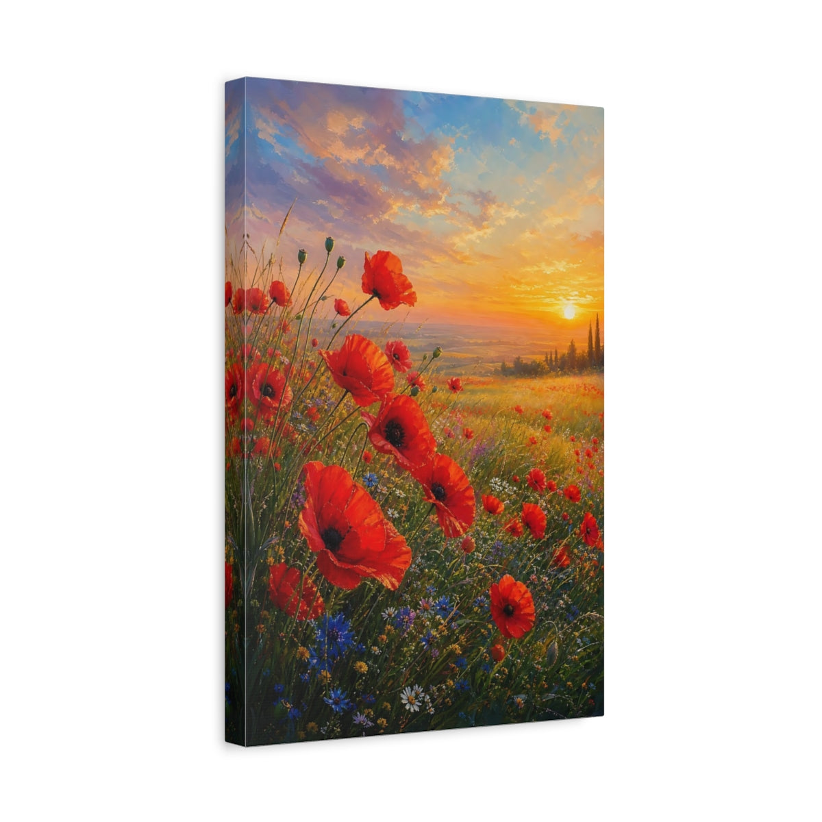 Side Mockup 4. Nature Poppies Red And Gold Sunset shown as stretched canvas wall art