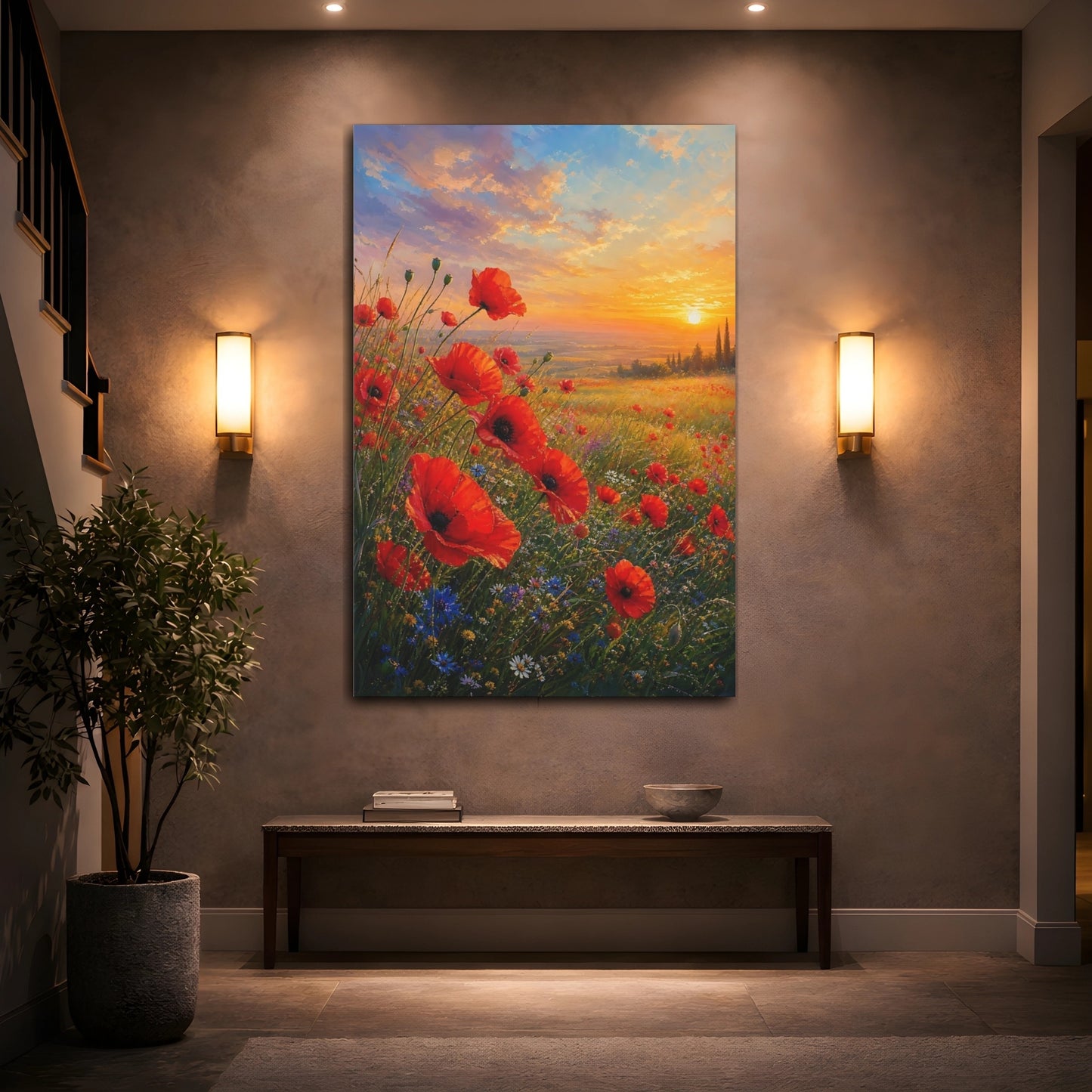 Mockup 2. Nature Poppies Red And Gold Sunset shown as stretched canvas wall art