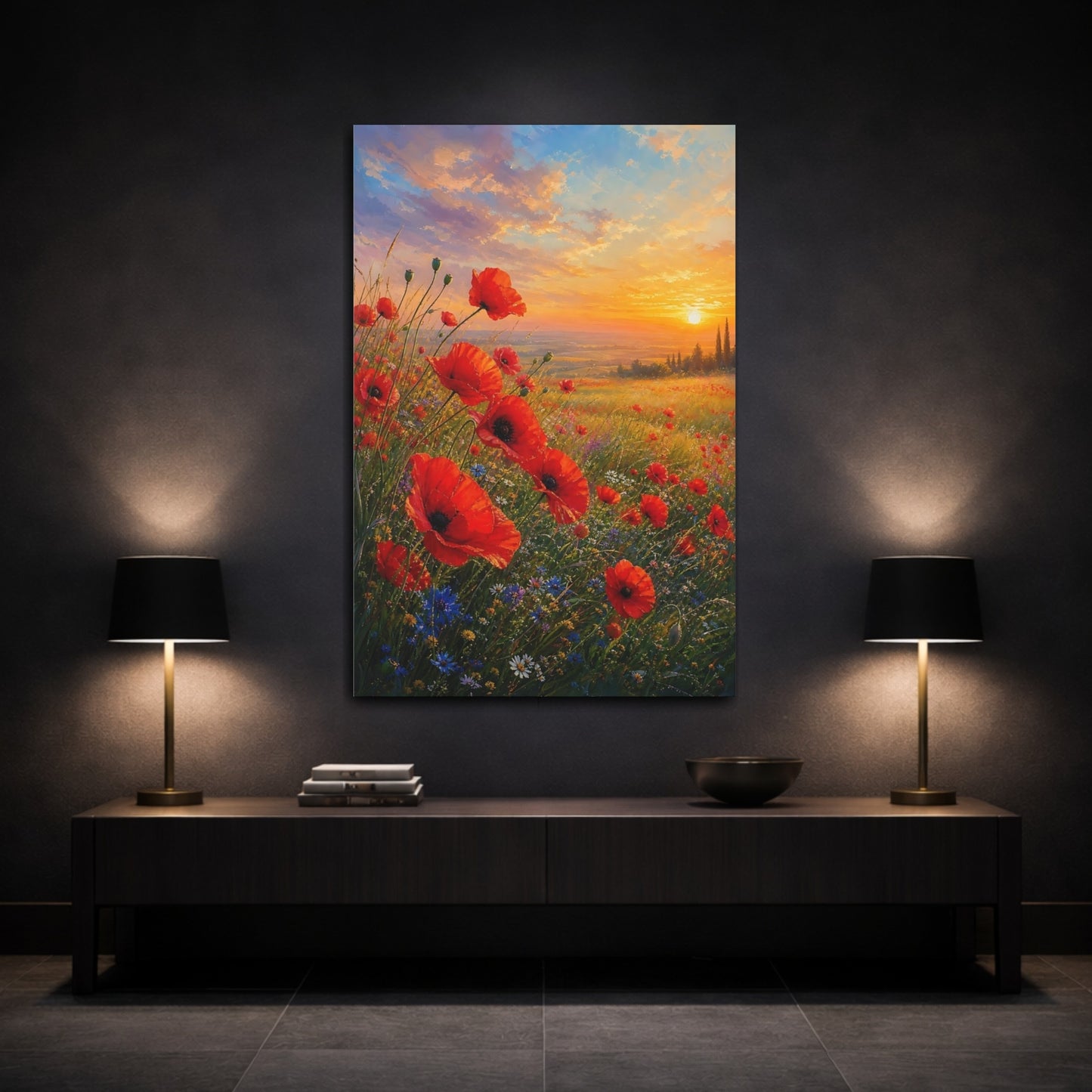 Mockup 3. Nature Poppies Red And Gold Sunset shown as stretched canvas wall art