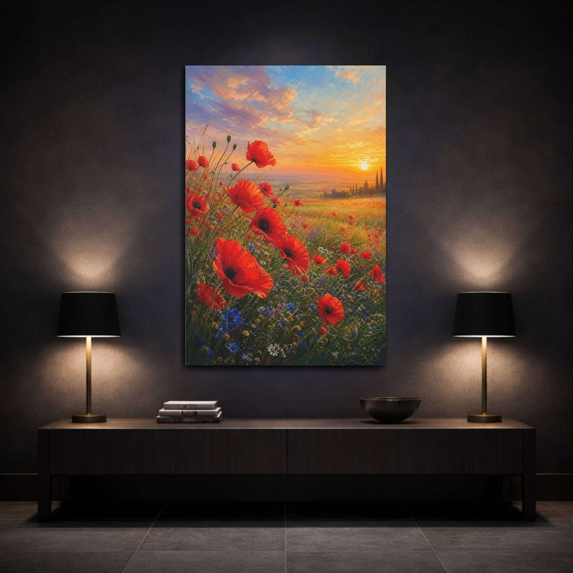 Mockup 3. Nature Poppies Red And Gold Sunset shown as stretched canvas wall art