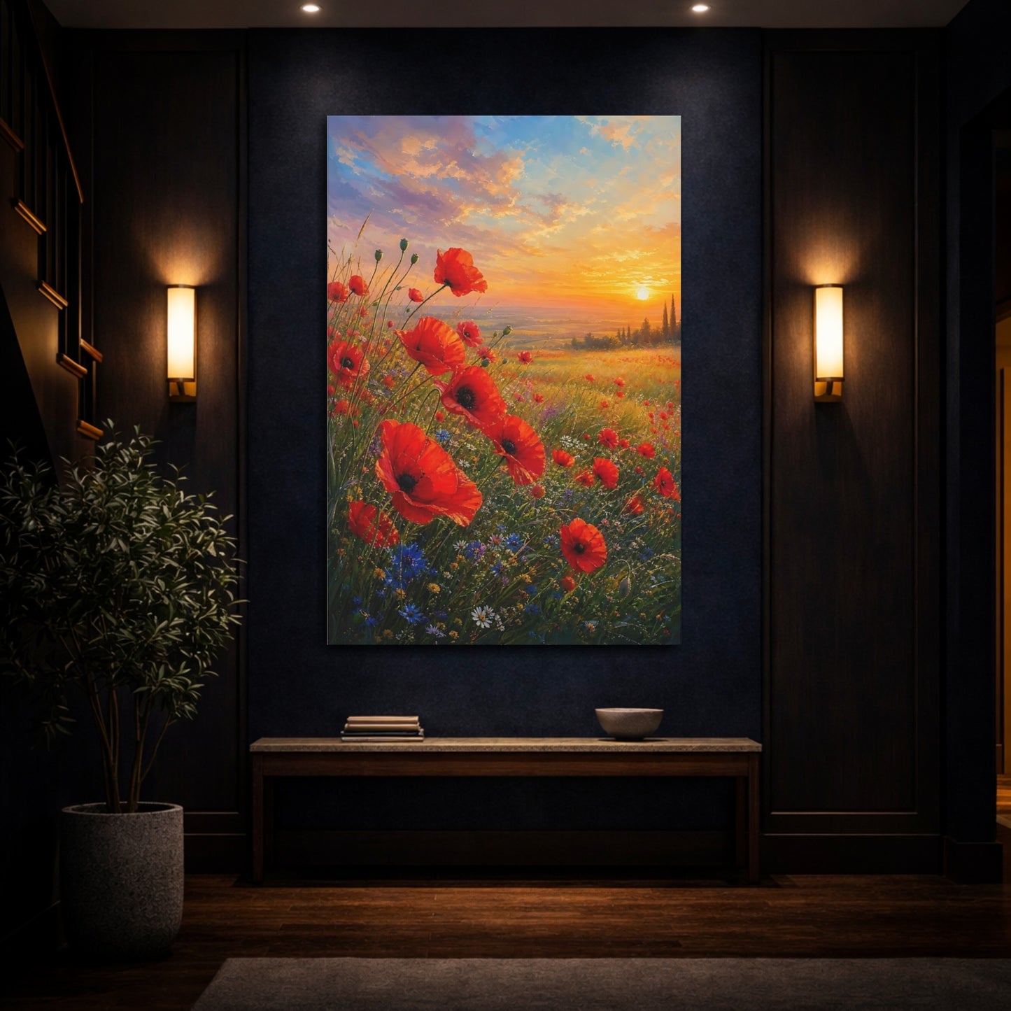 Mockup 4. Nature Poppies Red And Gold Sunset shown as stretched canvas wall art