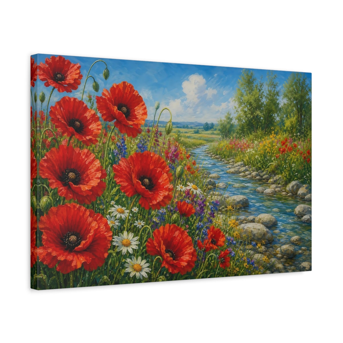 Side Mockup 3. Nature Poppies Red Poppies Meadow shown as stretched canvas wall art