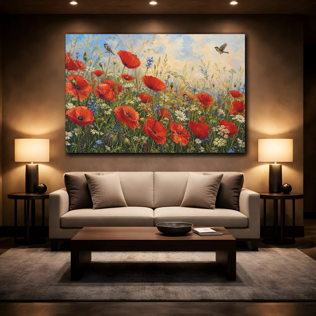 Mockup 2. Nature Poppies Red Poppies Meadow shown as stretched canvas wall art