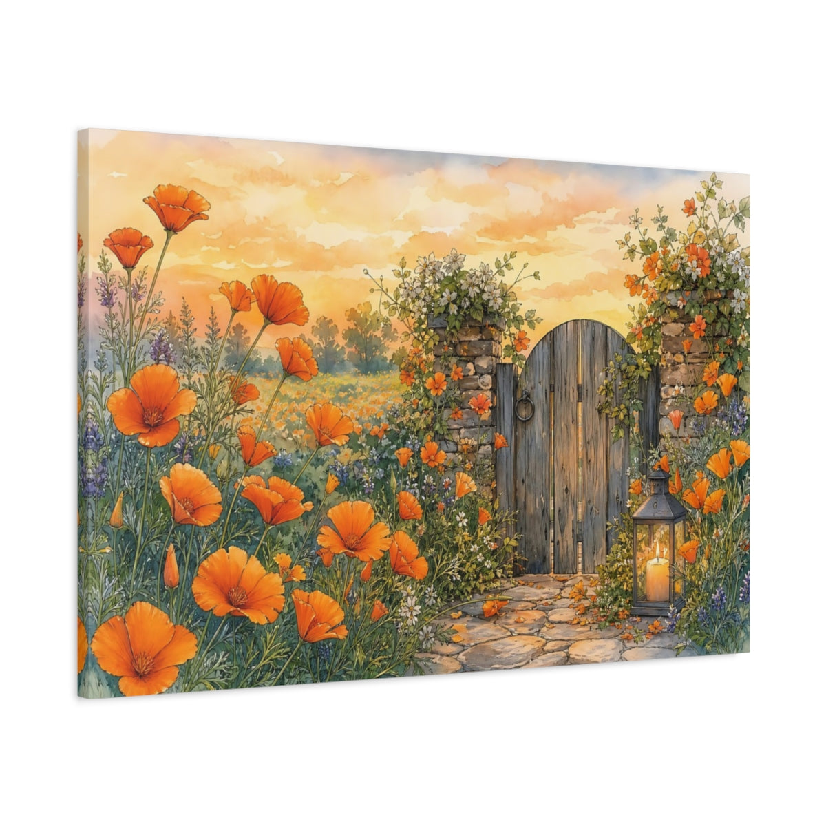 Main Mockup. Nature Poppy Field Orange And Yellow shown as stretched canvas wall art