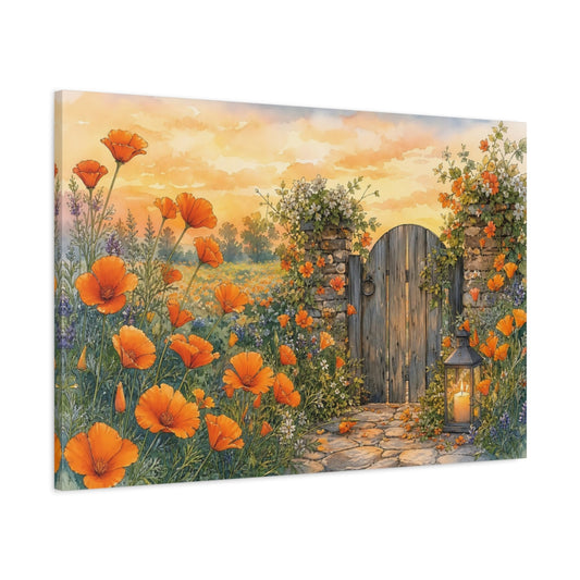 Main Mockup. Nature Poppy Field Orange And Yellow shown as stretched canvas wall art