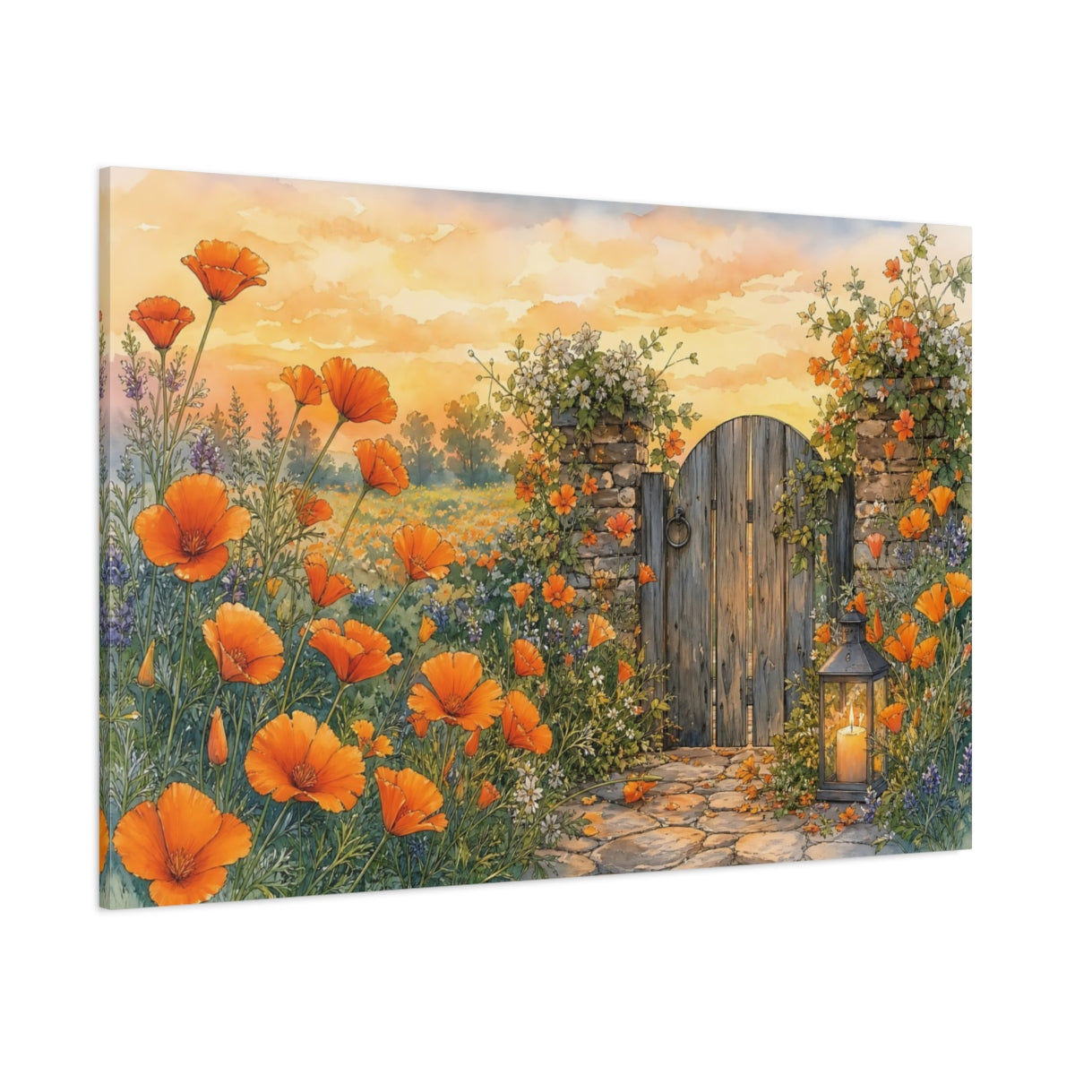 Side Mockup 1. Nature Poppy Field Orange And Yellow shown as stretched canvas wall art