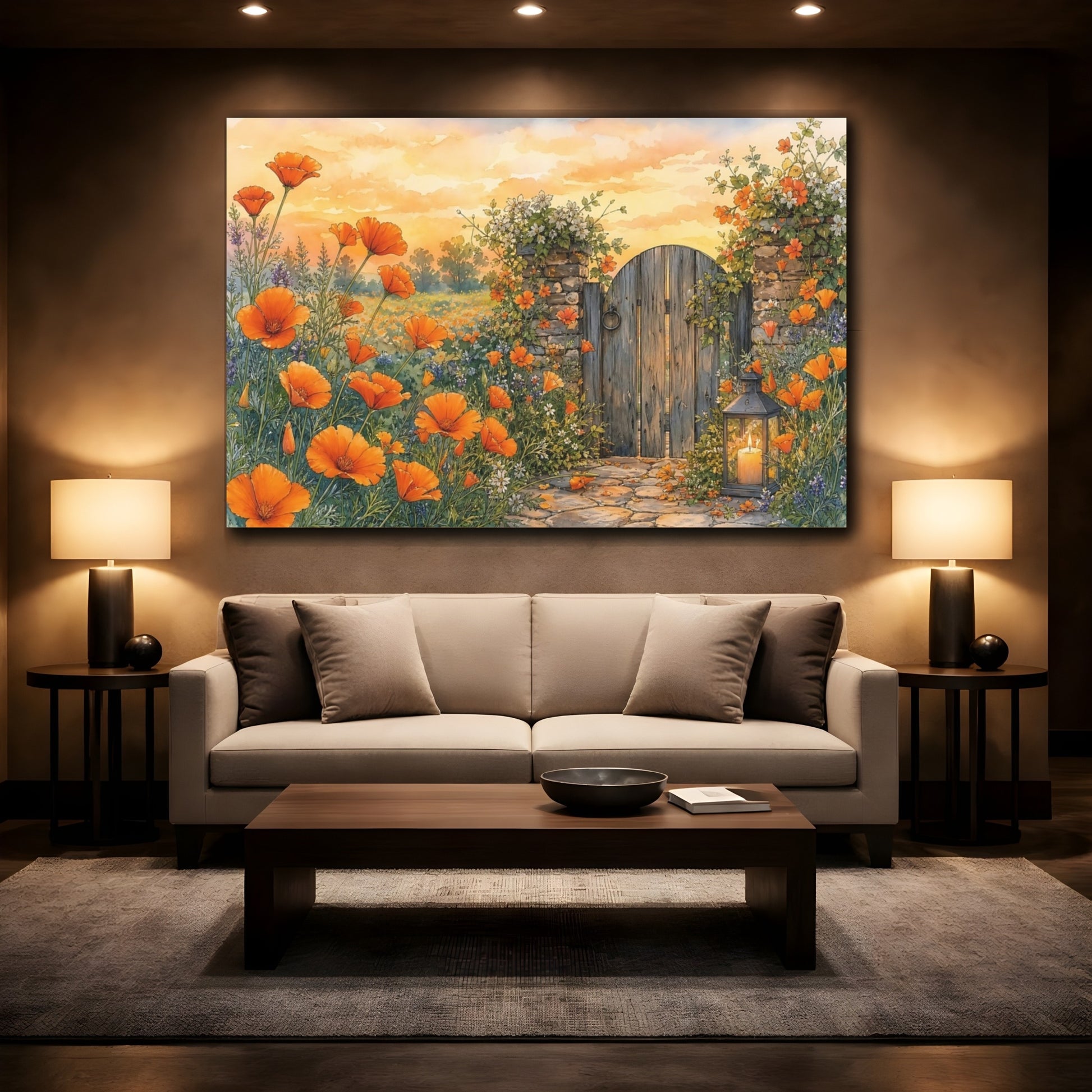 Mockup 2. Nature Poppy Field Orange And Yellow shown as stretched canvas wall art