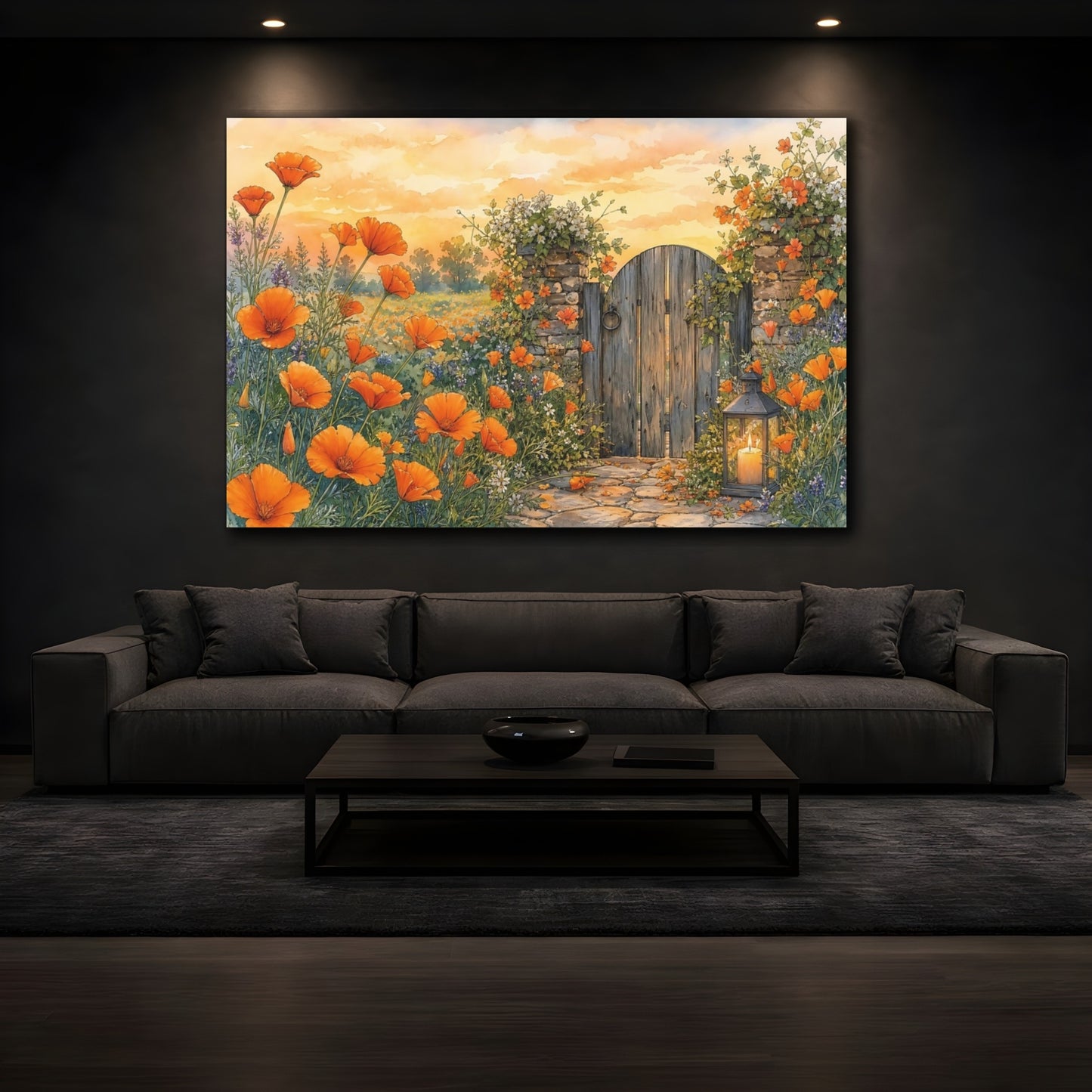 Mockup 3. Nature Poppy Field Orange And Yellow shown as stretched canvas wall art