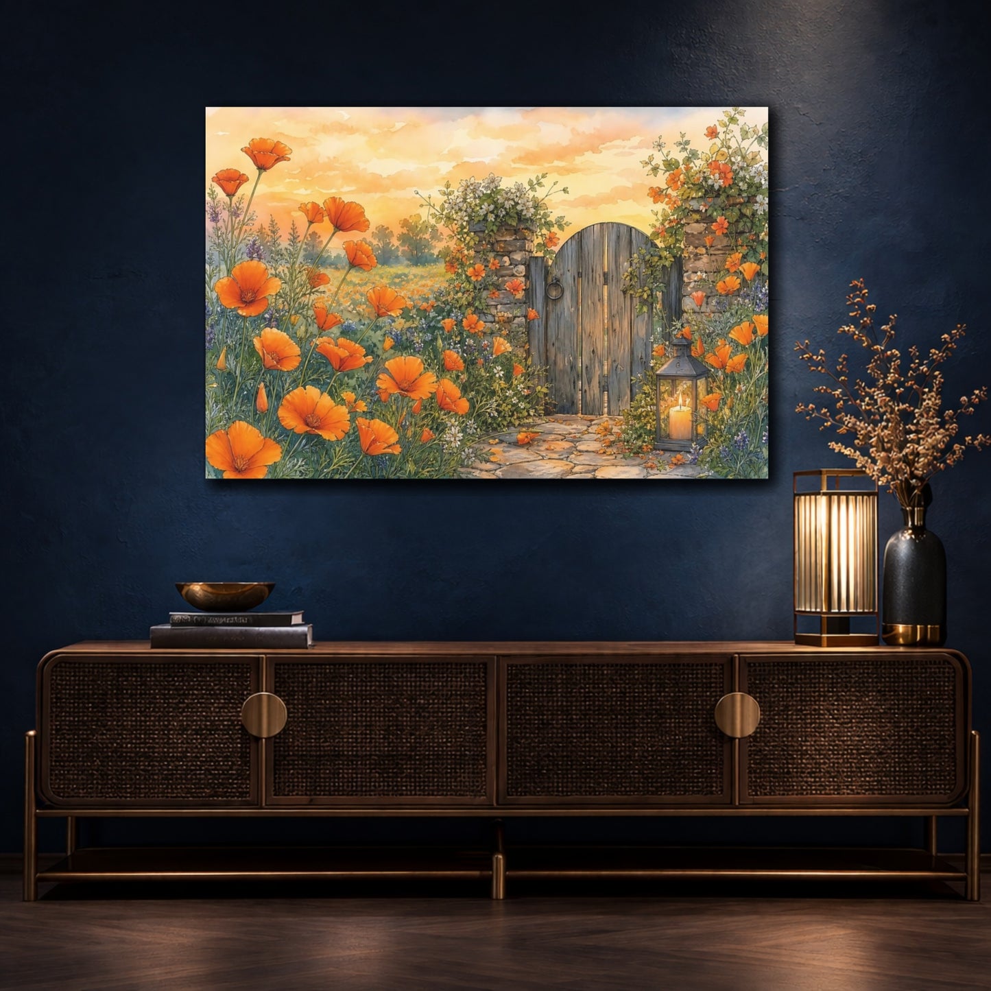 Mockup 4. Nature Poppy Field Orange And Yellow shown as stretched canvas wall art