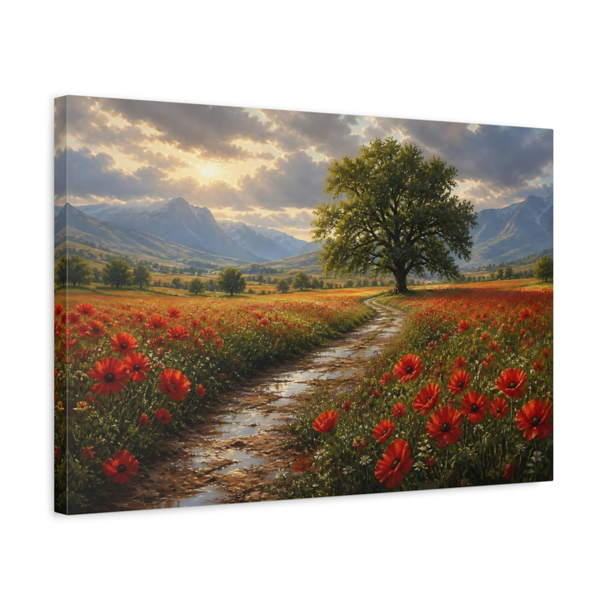 Side Mockup 3. Nature Poppy Field Red Green Landscape shown as stretched canvas wall art