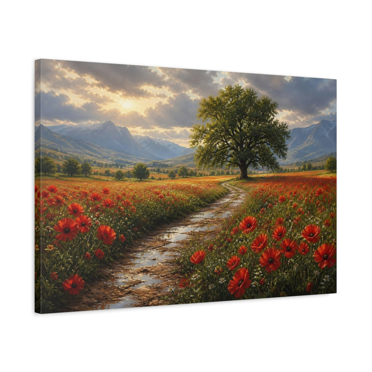 Side Mockup 2. Nature Poppy Field Red Green Landscape shown as stretched canvas wall art