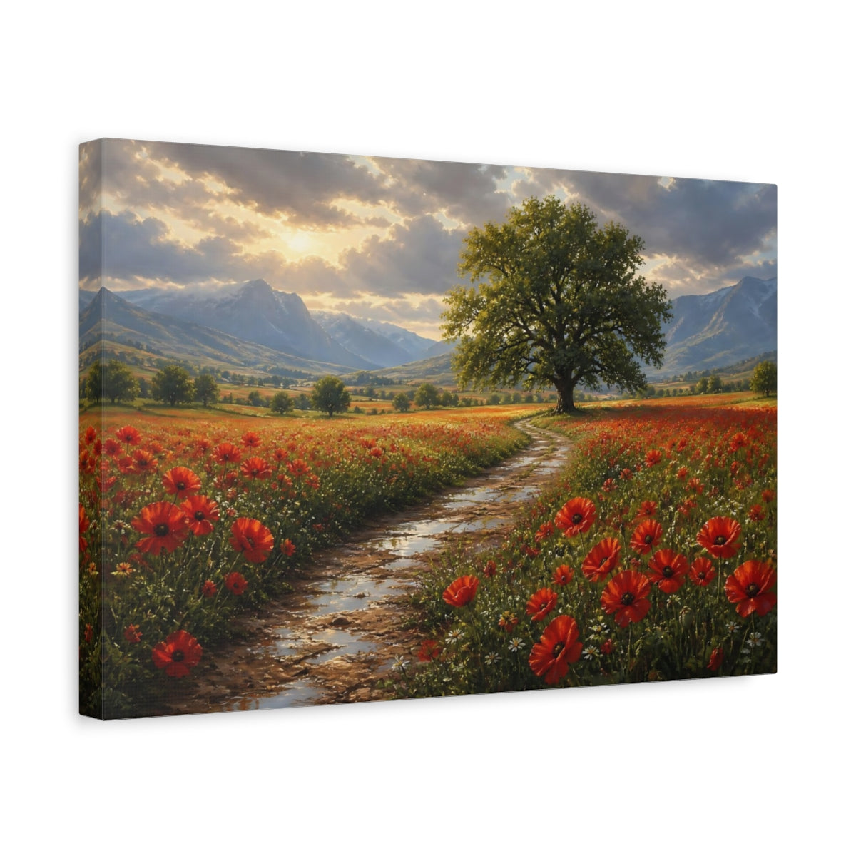 Side Mockup 4. Nature Poppy Field Red Green Landscape shown as stretched canvas wall art