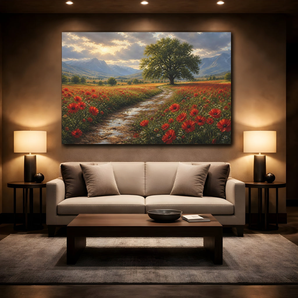 Mockup 2. Nature Poppy Field Red Green Landscape shown as stretched canvas wall art