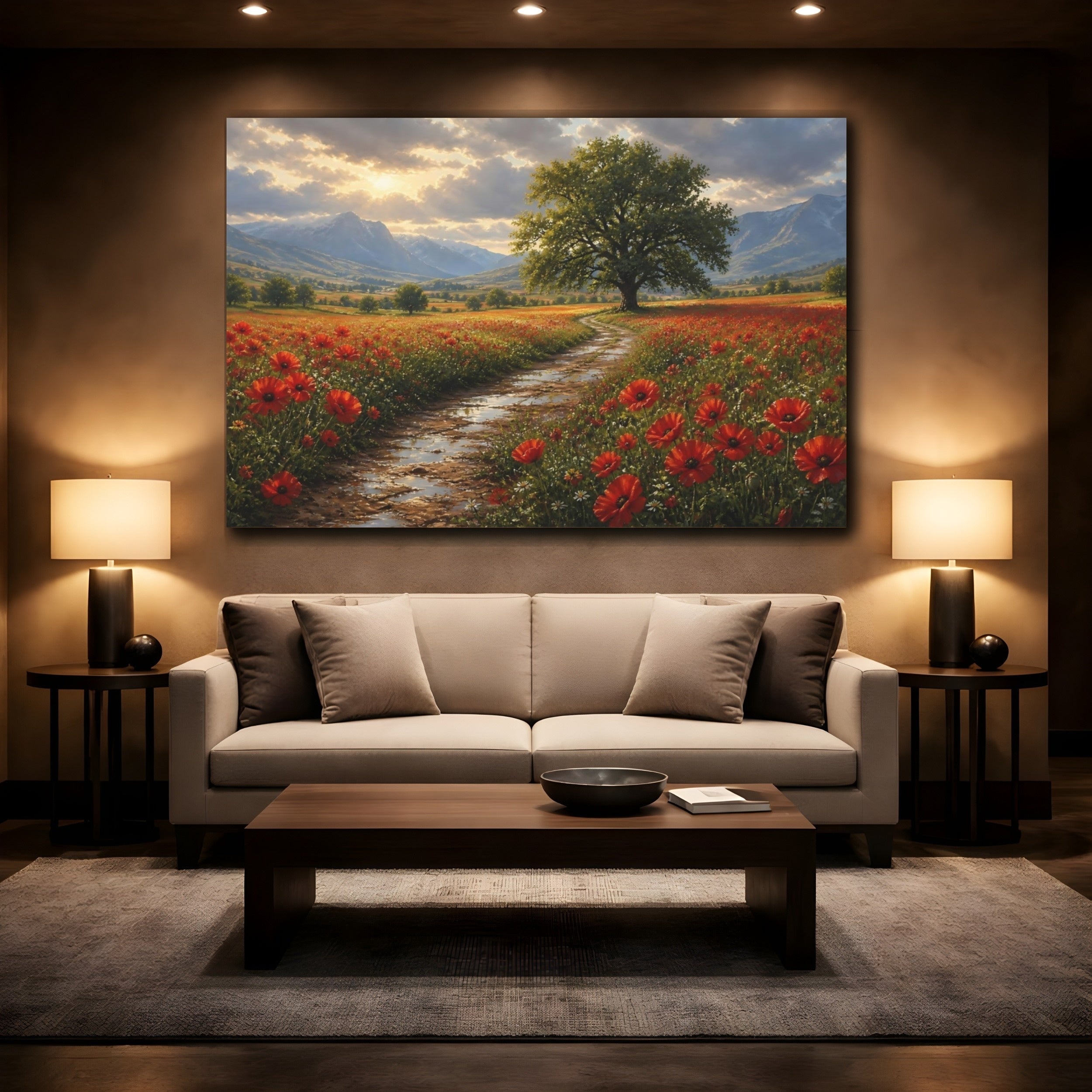 Mockup 2. Nature Poppy Field Red Green Landscape shown as stretched canvas wall art