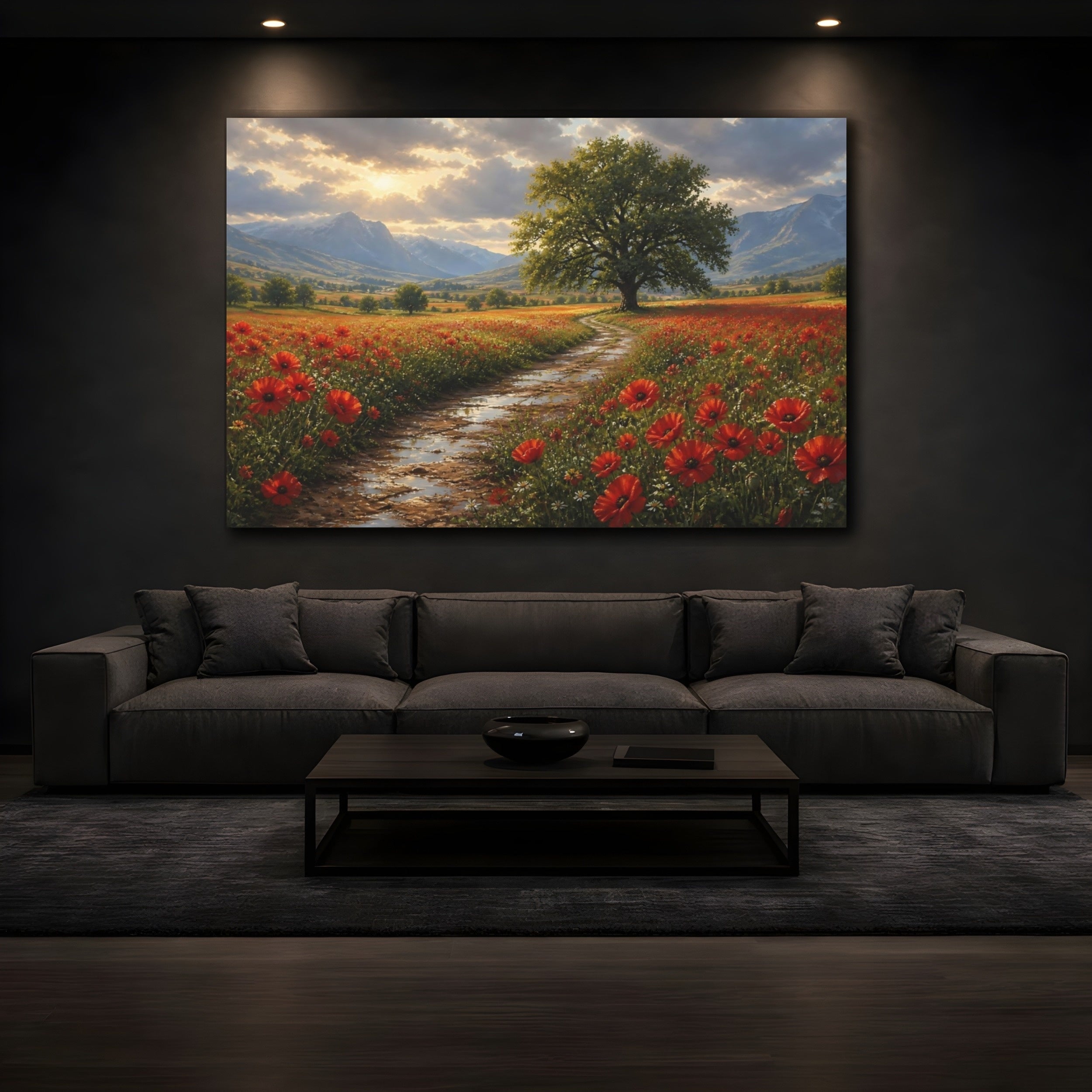 Mockup 3. Nature Poppy Field Red Green Landscape shown as stretched canvas wall art