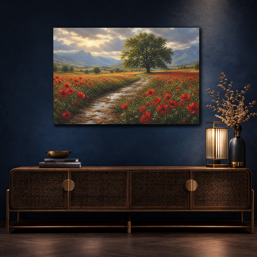 Mockup 4. Nature Poppy Field Red Green Landscape shown as stretched canvas wall art