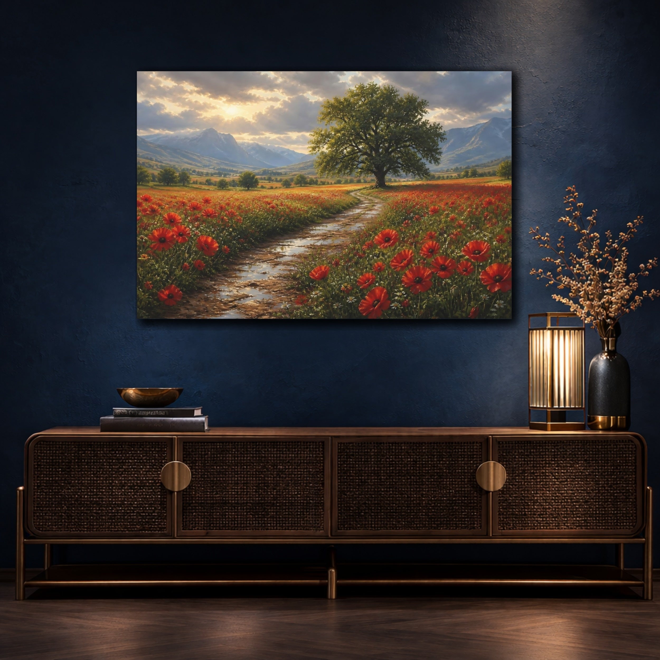 Mockup 4. Nature Poppy Field Red Green Landscape shown as stretched canvas wall art